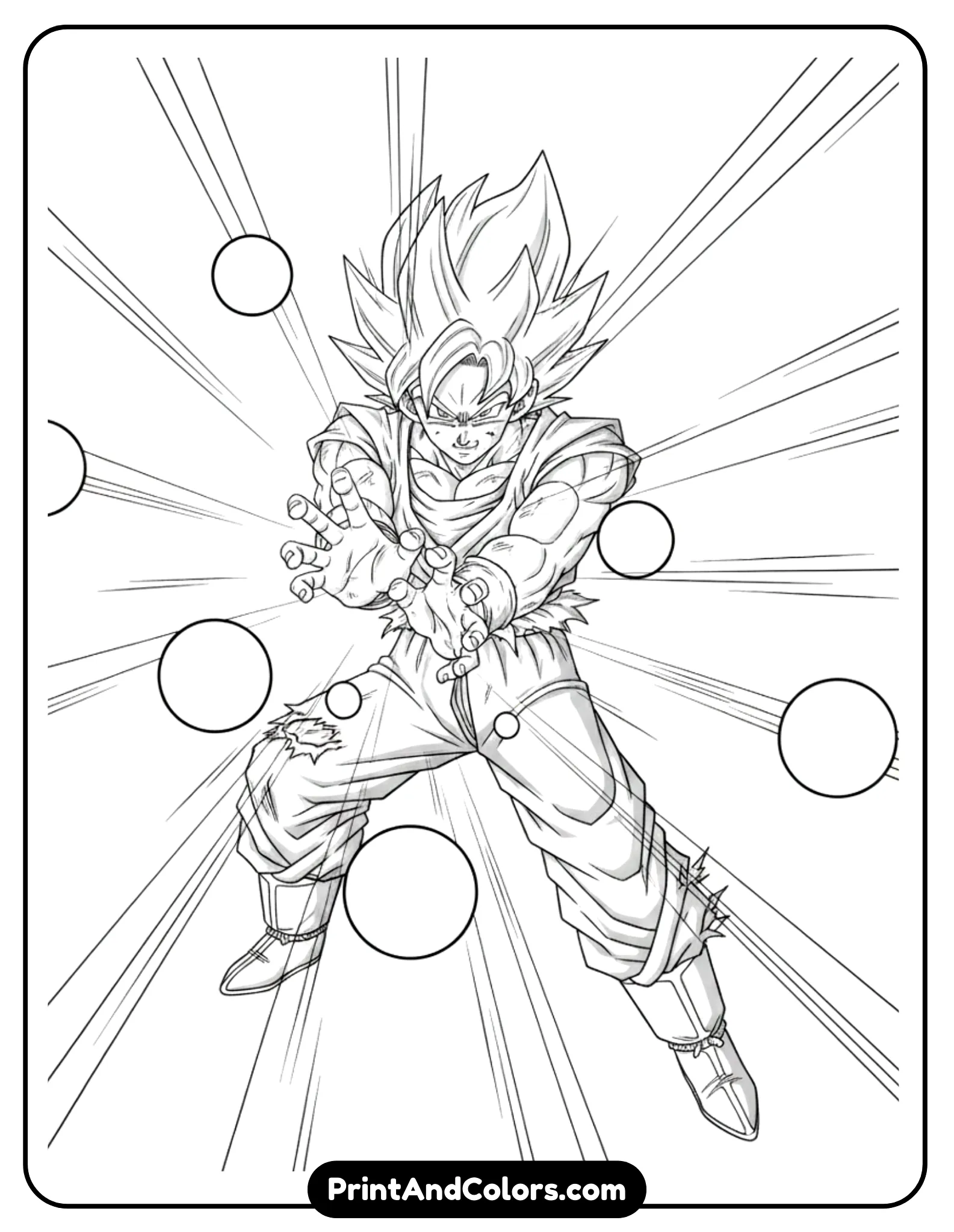 Draw Goku firing multiple ki blasts forward in rapid succession. Energy spheres fly from his hands with motion trails. Strong action pose, bold outlines, blank background for easy coloring.