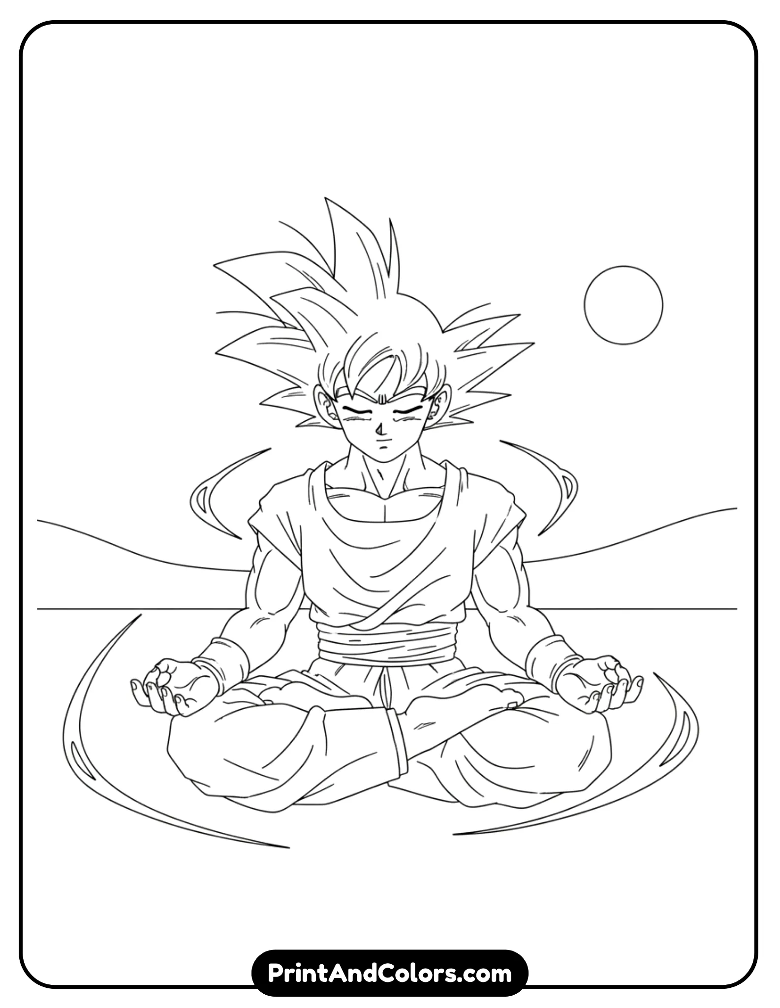 Draw Goku sitting cross-legged in a meditation pose, eyes closed, hands resting on knees. Soft energy circles or light aura lines surround him. The background should be minimal and peaceful. Use smooth black outlines only, no shading.