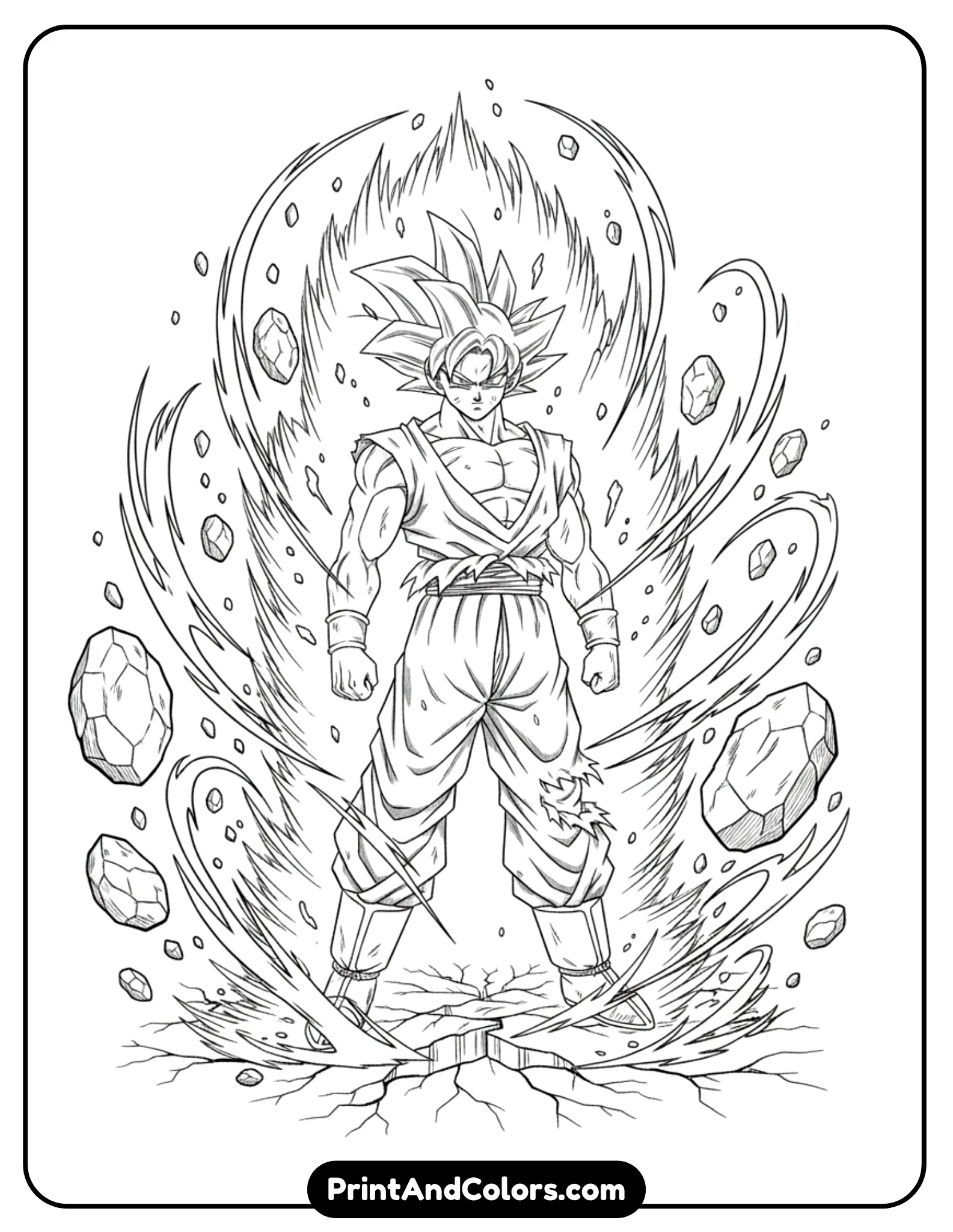 Illustrate Goku standing firmly while powering up, energy bursting from his body causing the ground to crack beneath him. Rocks lift into the air. Clean black outlines, dramatic composition.