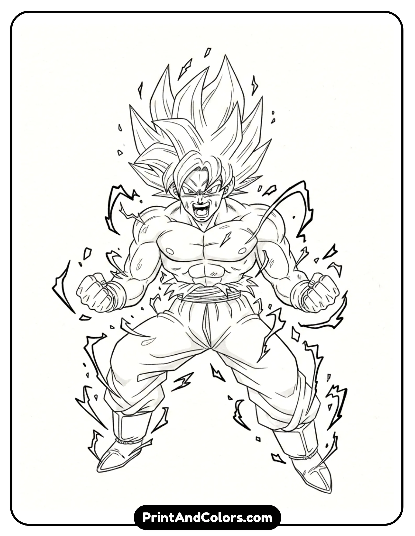 Draw Goku transforming into Super Saiyan with extremely spiky hair standing upright. He is screaming as power surges around him, surrounded by bold energy aura lines and small lightning effects. The pose should show clenched fists and bent knees, indicating intense power. Use clean black outlines only, no color or shading, with a blank or lightly textured background for easy coloring.