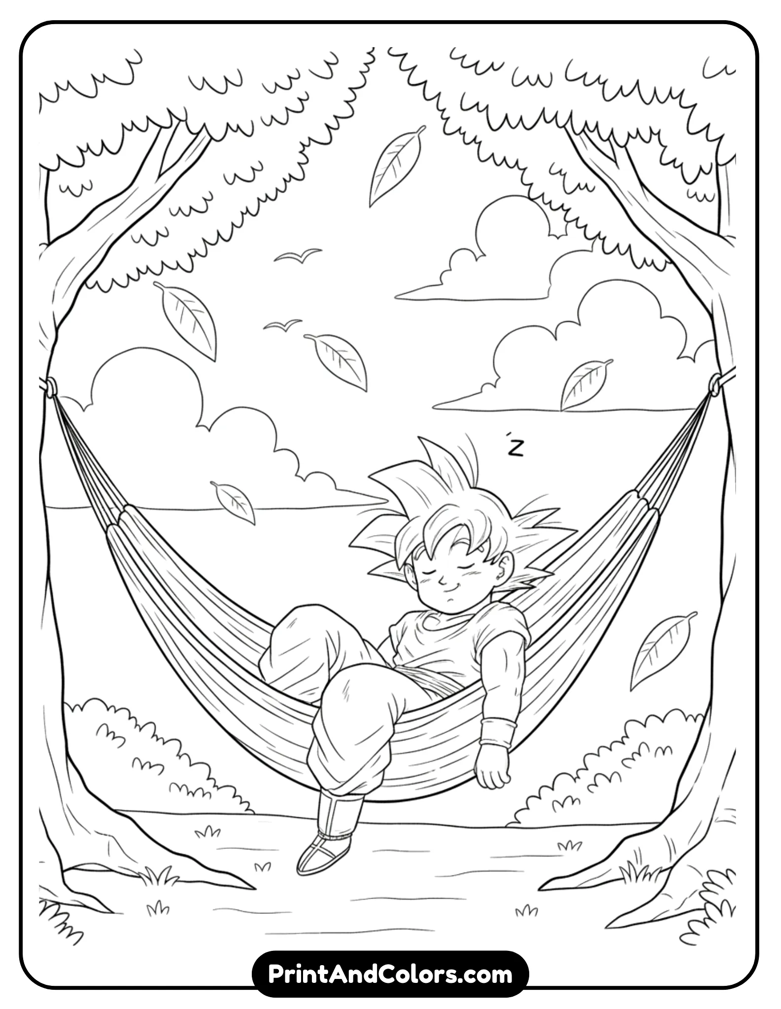 Illustrate a cute and relaxing scene of Goku sleeping in a hammock between two trees. His expression is peaceful and playful. Add light nature elements like leaves and clouds. Clean black outlines, no shading.