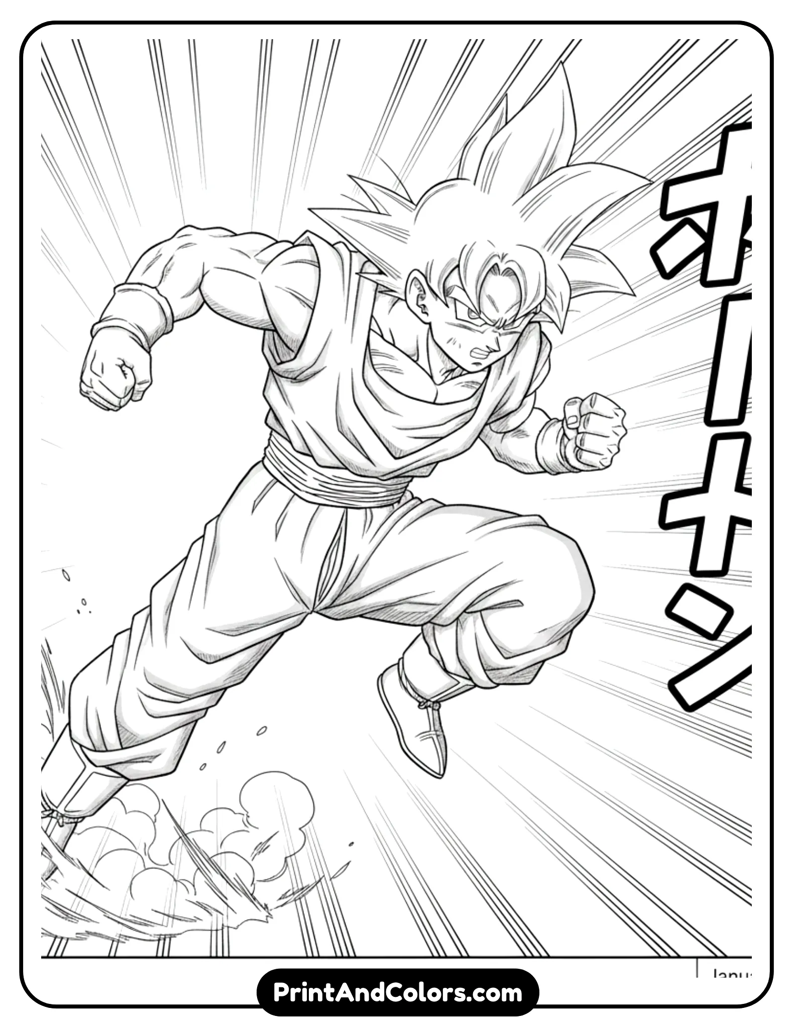 Illustrate Goku sprinting forward with powerful motion lines trailing behind him. His body leans forward, fists tight, eyes focused on the enemy ahead. Use speed effects and ground streaks. Black and white outline art only.