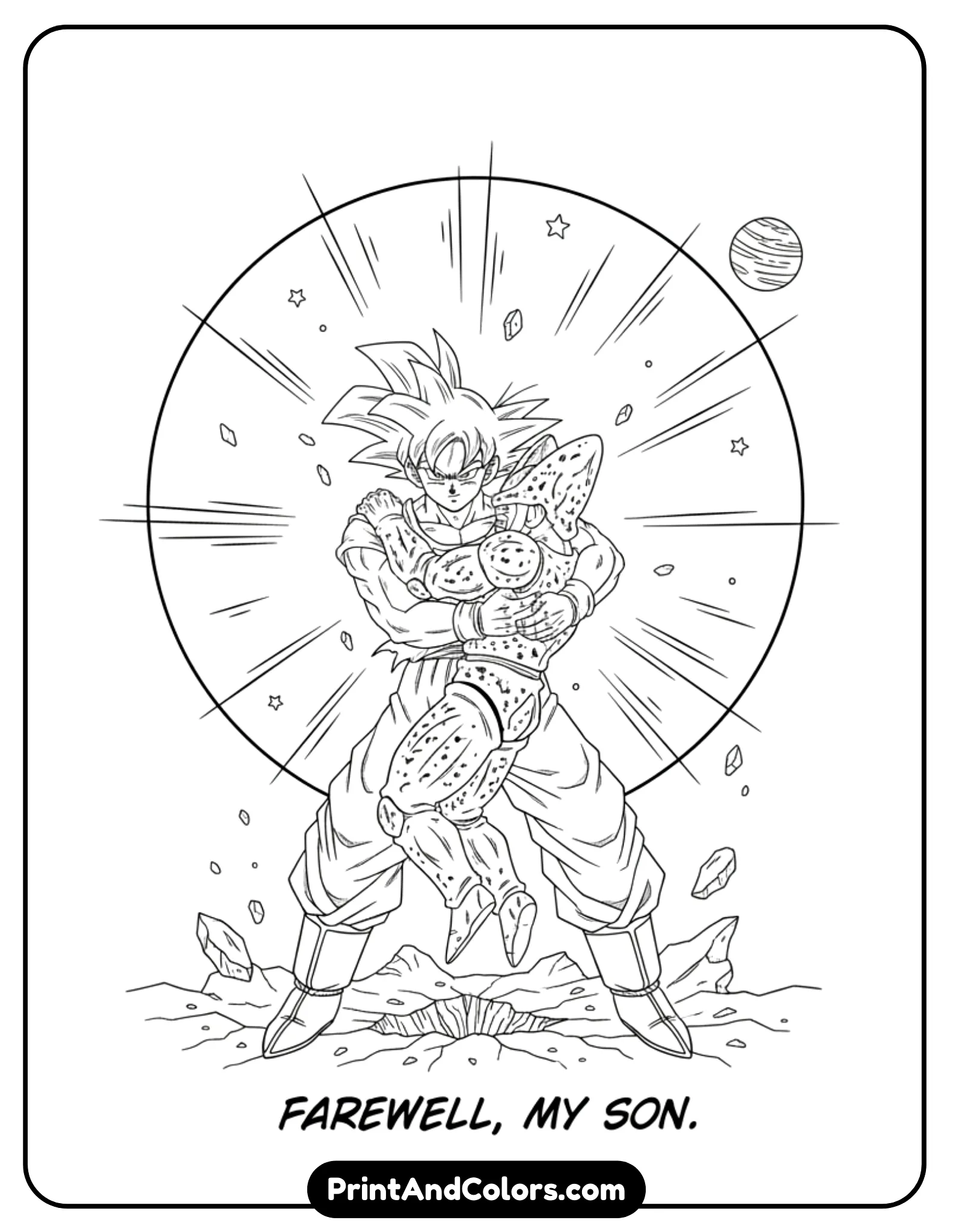 Draw an emotional scene of Goku holding Cell while preparing to sacrifice himself. Goku’s face is calm and determined. Use dramatic pose but keep lines clean and simple. Black and white outline art, respectful tone.