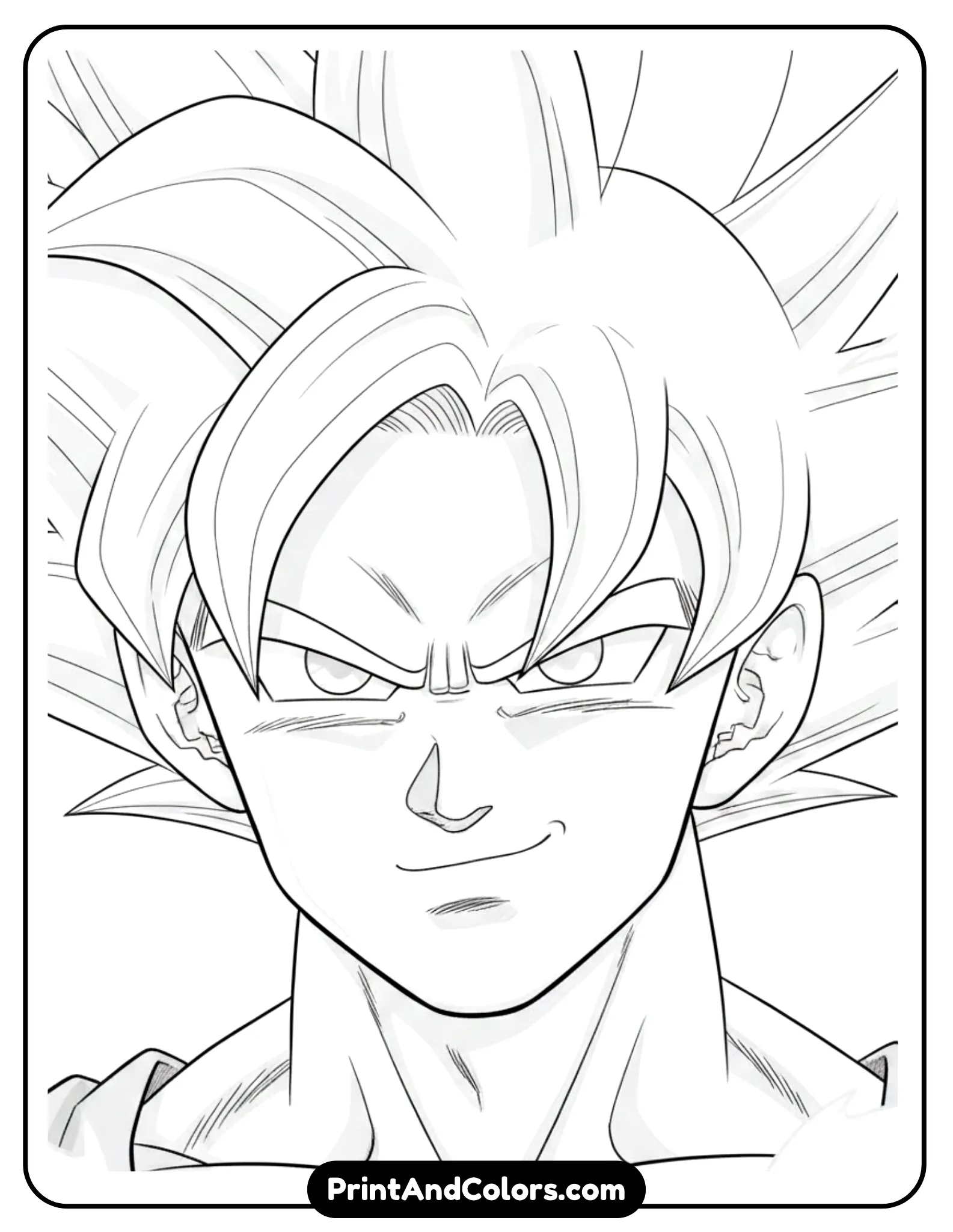 Create a close-up portrait of Ultra Instinct Goku smiling calmly. Focus on facial detail, eyes, and hair texture using clean line work. Minimal background. Black and white only.