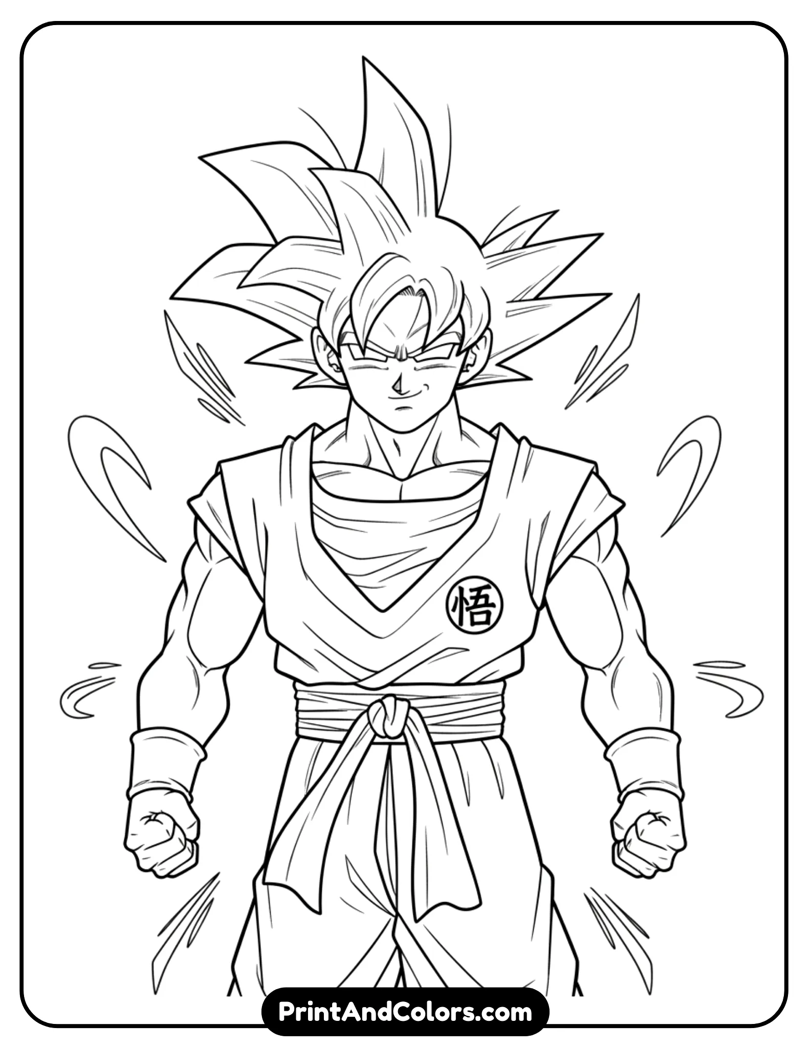 Create a confident portrait-style image of Goku smiling calmly, fists loosely clenched, body relaxed yet ready. Minimal background elements like light energy lines. Clean black outline art, no grayscale.