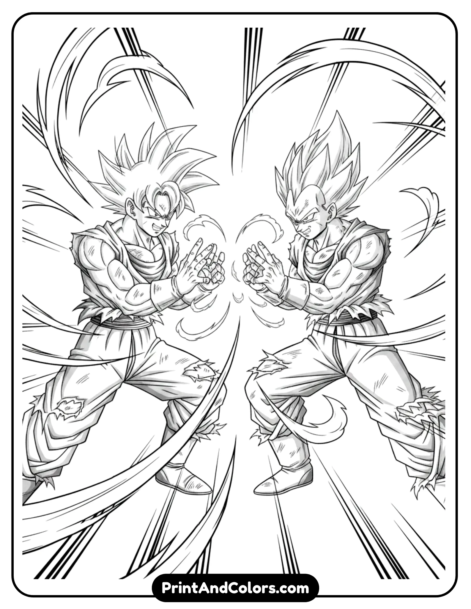 Draw Goku and Vegeta mid-sparring match, both in fighting stances facing each other. Their fists are raised, energy lines show movement and speed. Expressions are intense but controlled. Use bold black outlines, dynamic action lines, blank background for coloring.
