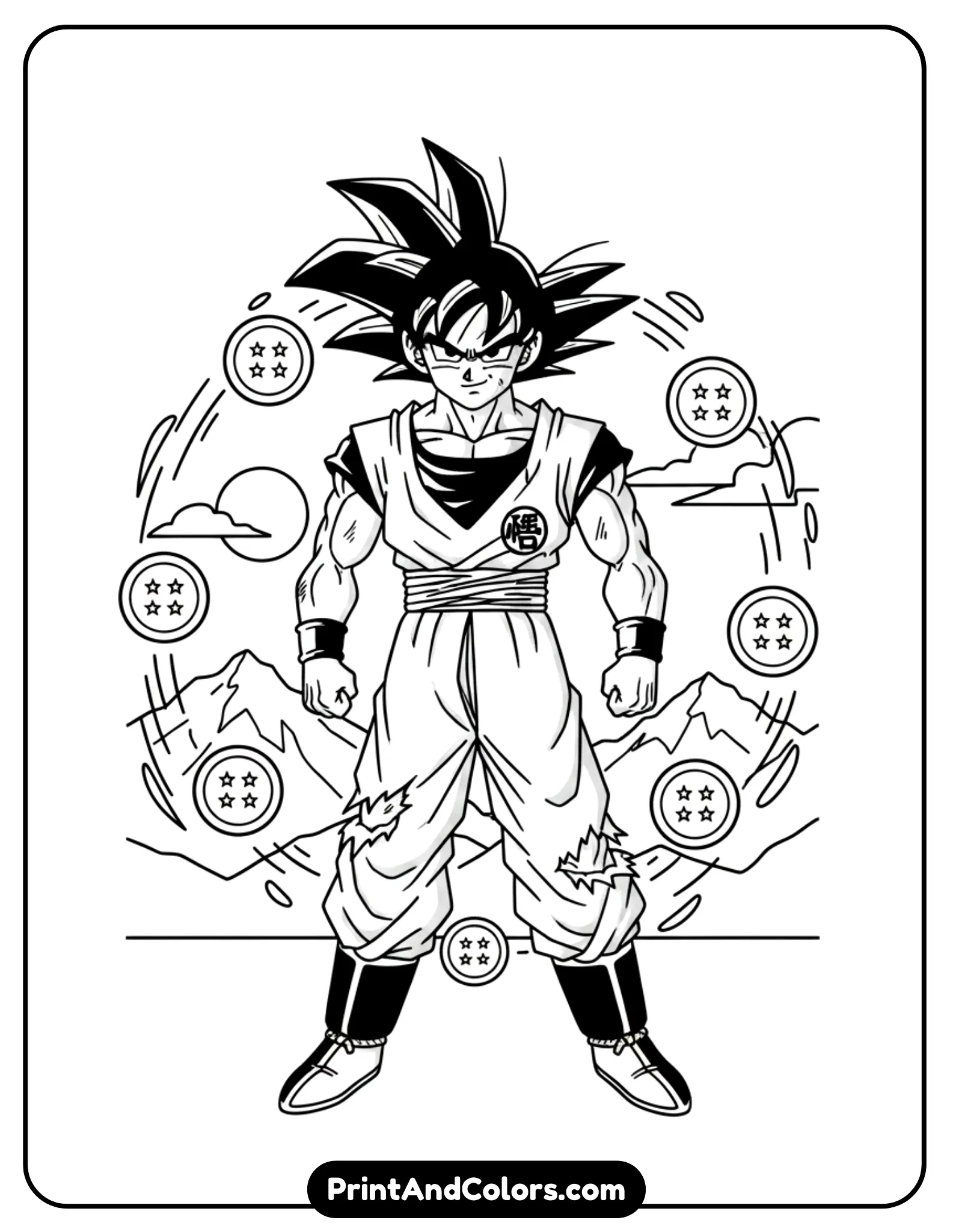 Draw Goku standing heroically with the Dragon Balls floating in a circular pattern around him. His pose is strong and confident. Simple background, bold outlines, kid-friendly style.