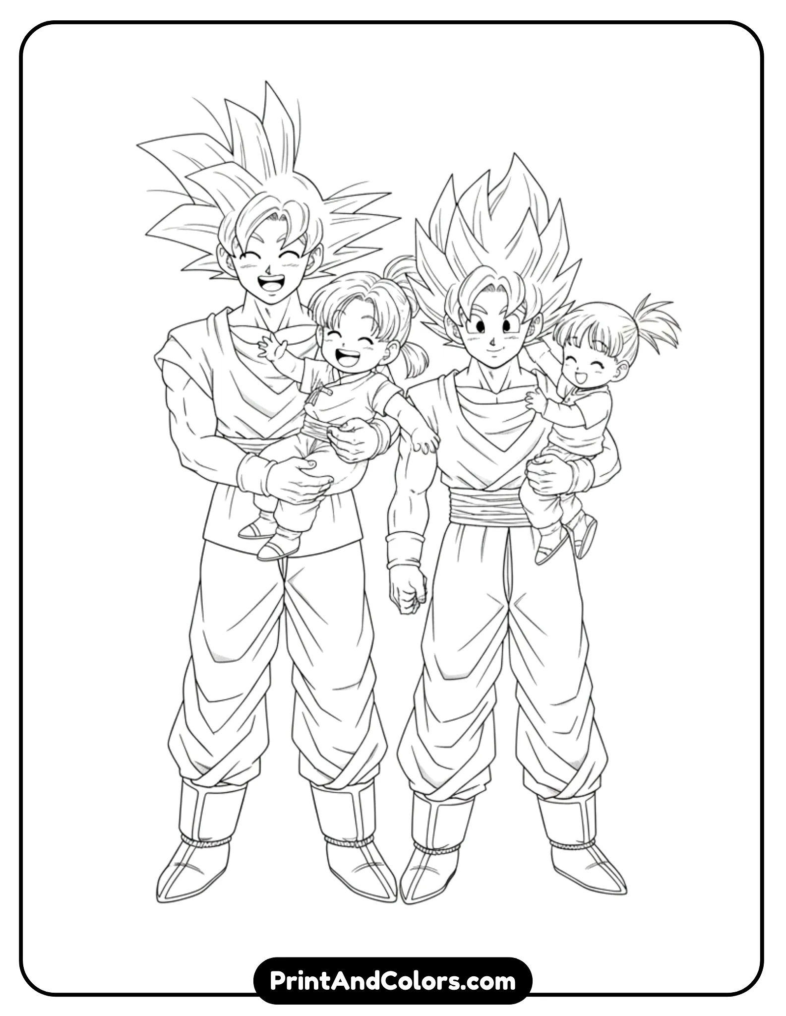 Illustrate Goku standing proudly alongside his family, smiling warmly. Characters stand close together in a relaxed pose. Minimal background, clean black outlines, friendly and wholesome style.