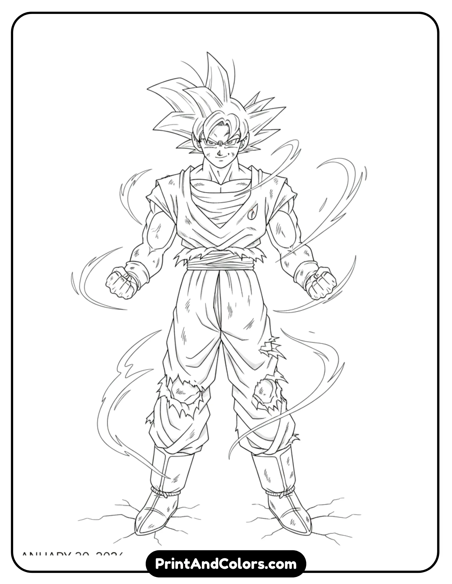 Illustrate Goku standing tall with fists clenched and slight battle damage on his clothes. His expression is confident and calm after victory. Add subtle ground cracks or wind lines around him. Black and white line art only, heroic pose, no shading.