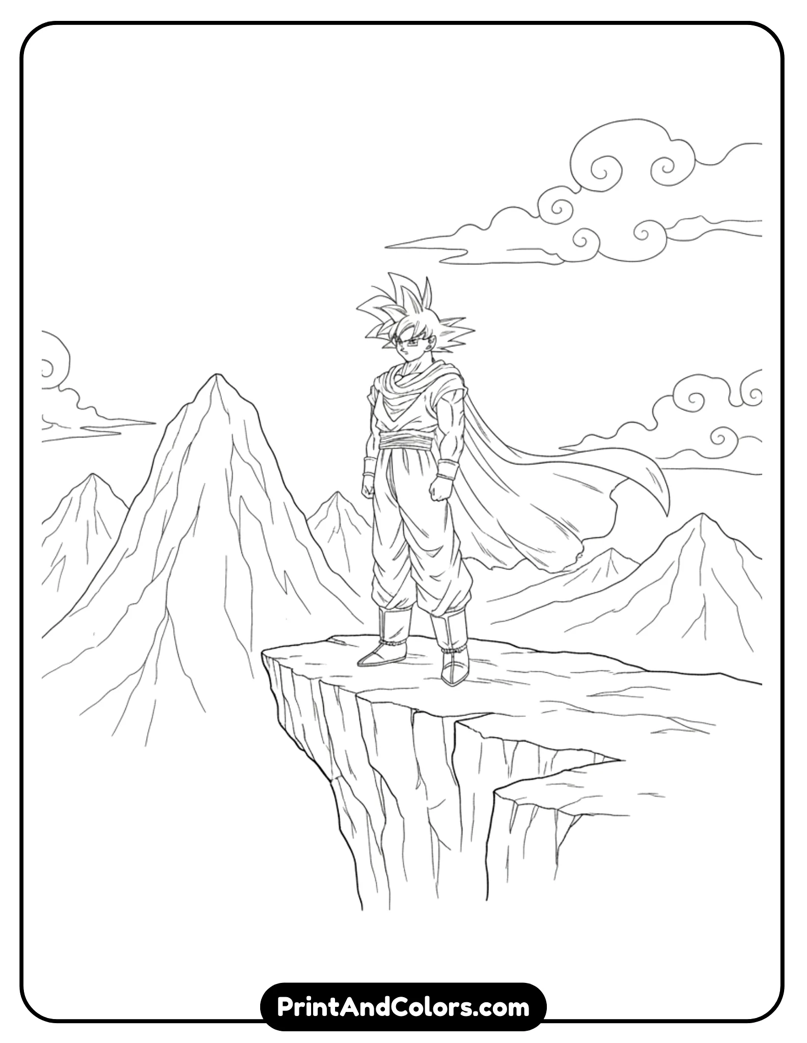 Draw Goku standing on a rocky cliff edge, cape or gi lightly blowing in the wind as he looks toward the horizon. Mountains and clouds appear in the distance with simple outlines. Calm, inspirational pose, black line art only.