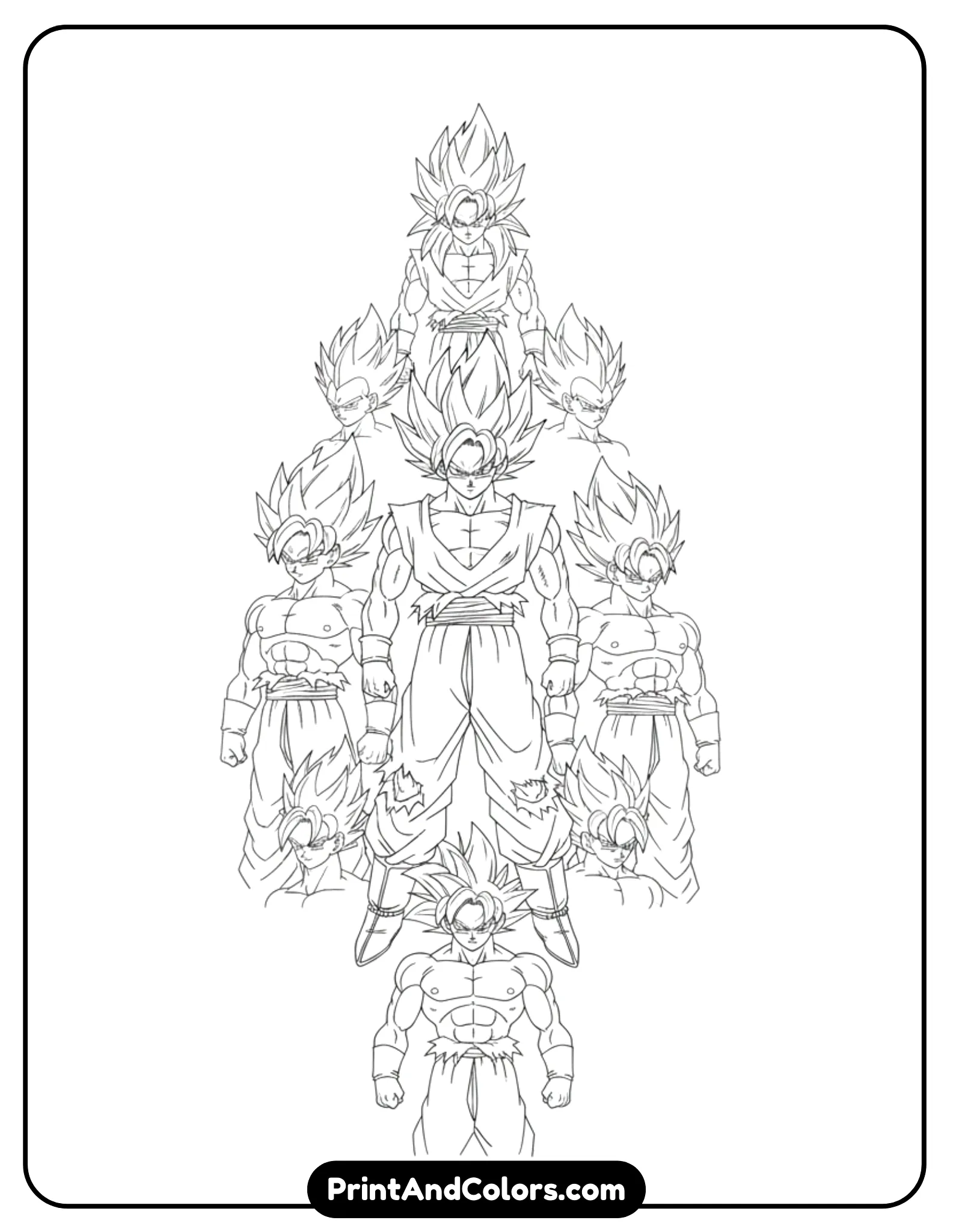 Create an epic composition showing Goku in the center with outlines of his different transformations surrounding him. Each form is simplified but recognizable. Clean black outlines, no shading.