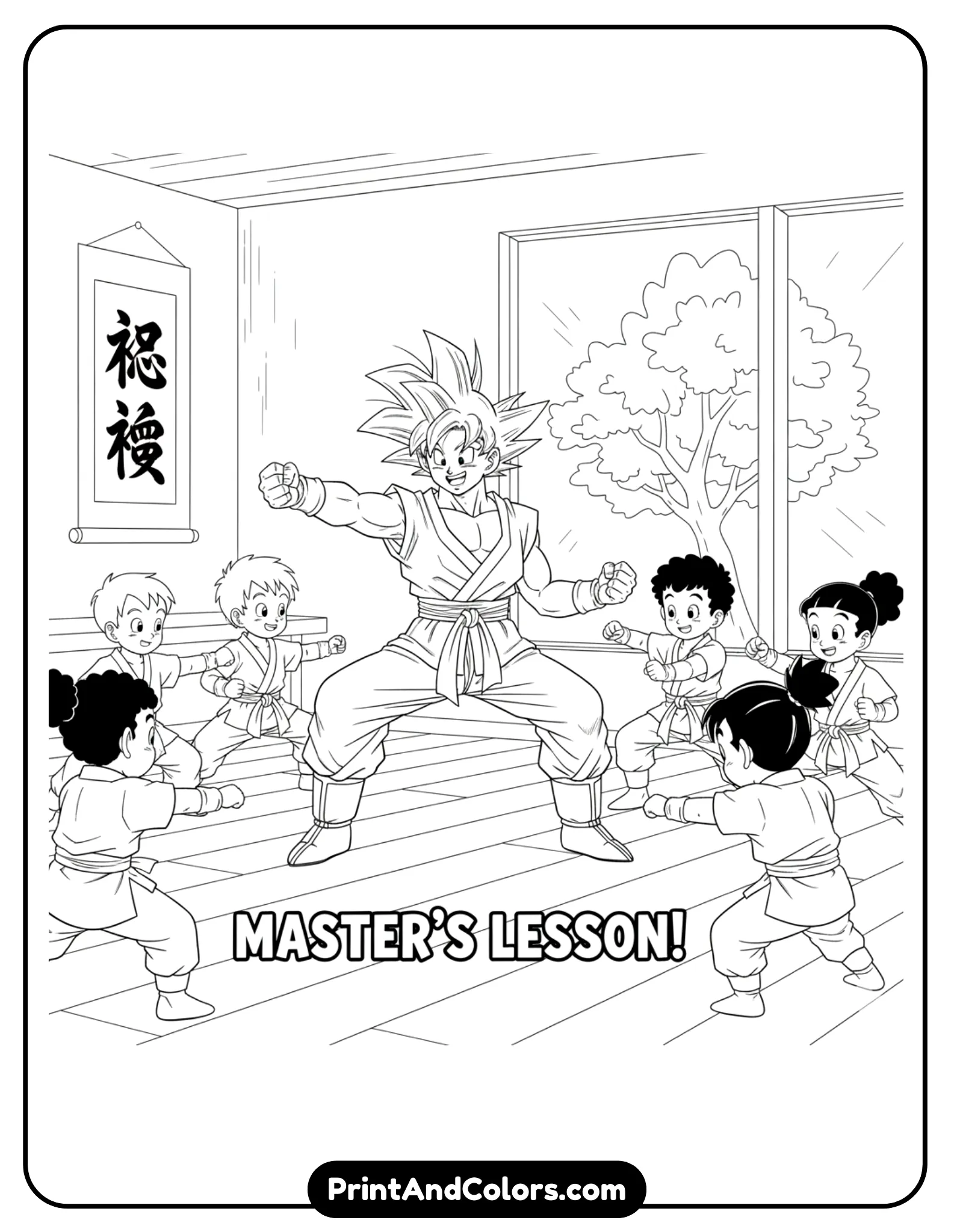 Illustrate Goku demonstrating a martial arts stance while young fighters watch and copy his movements. He smiles encouragingly. Clean composition with simple dojo or outdoor setting. Black and white line art suitable for kids.