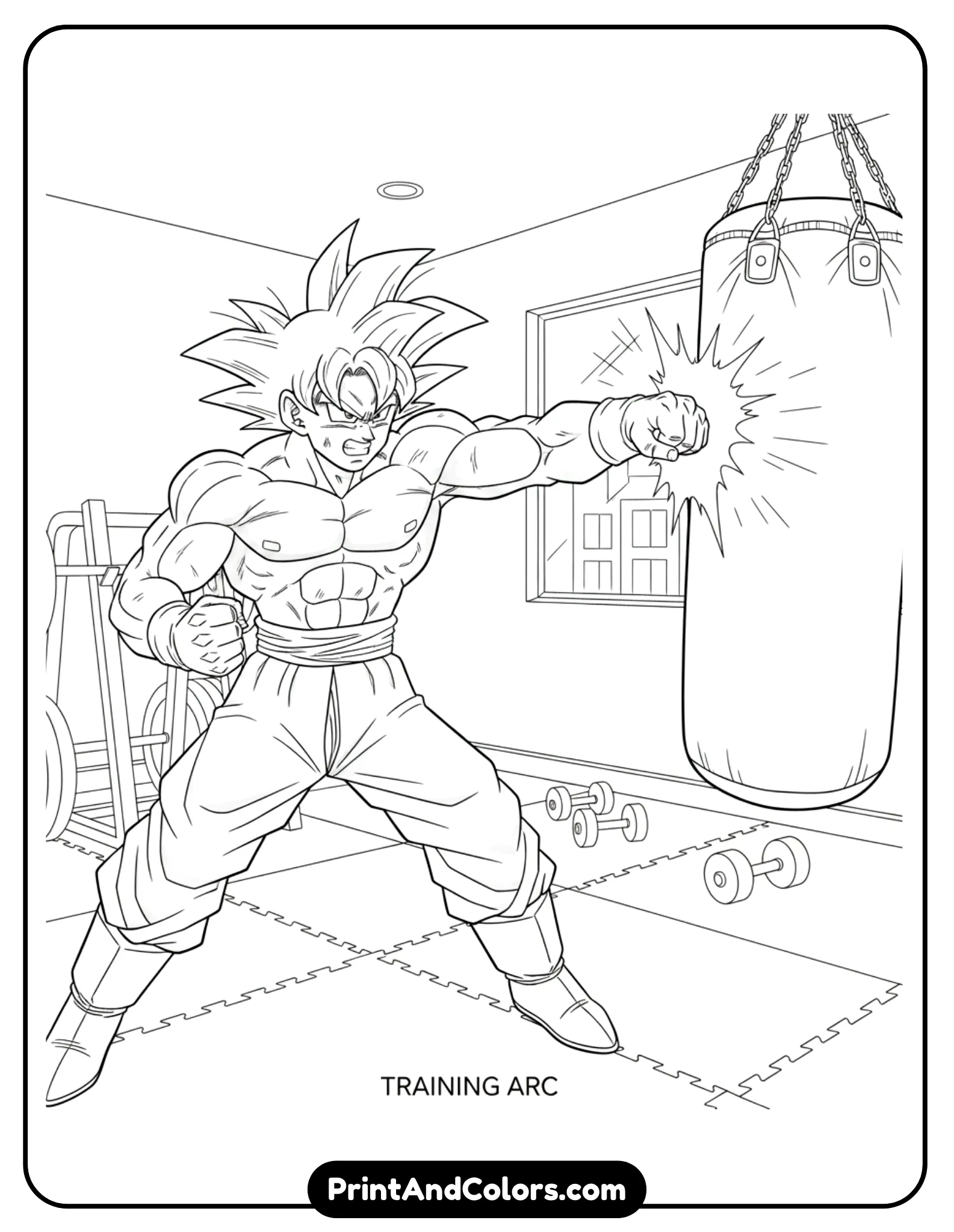 Illustrate Goku training inside a gym environment, lifting heavy weights or practicing punches. His face shows deep concentration, muscles tense. Add simple gym elements like walls, floor mats, or equipment using minimal detail. Clean black line art, no shading, strong outlines ideal for coloring.