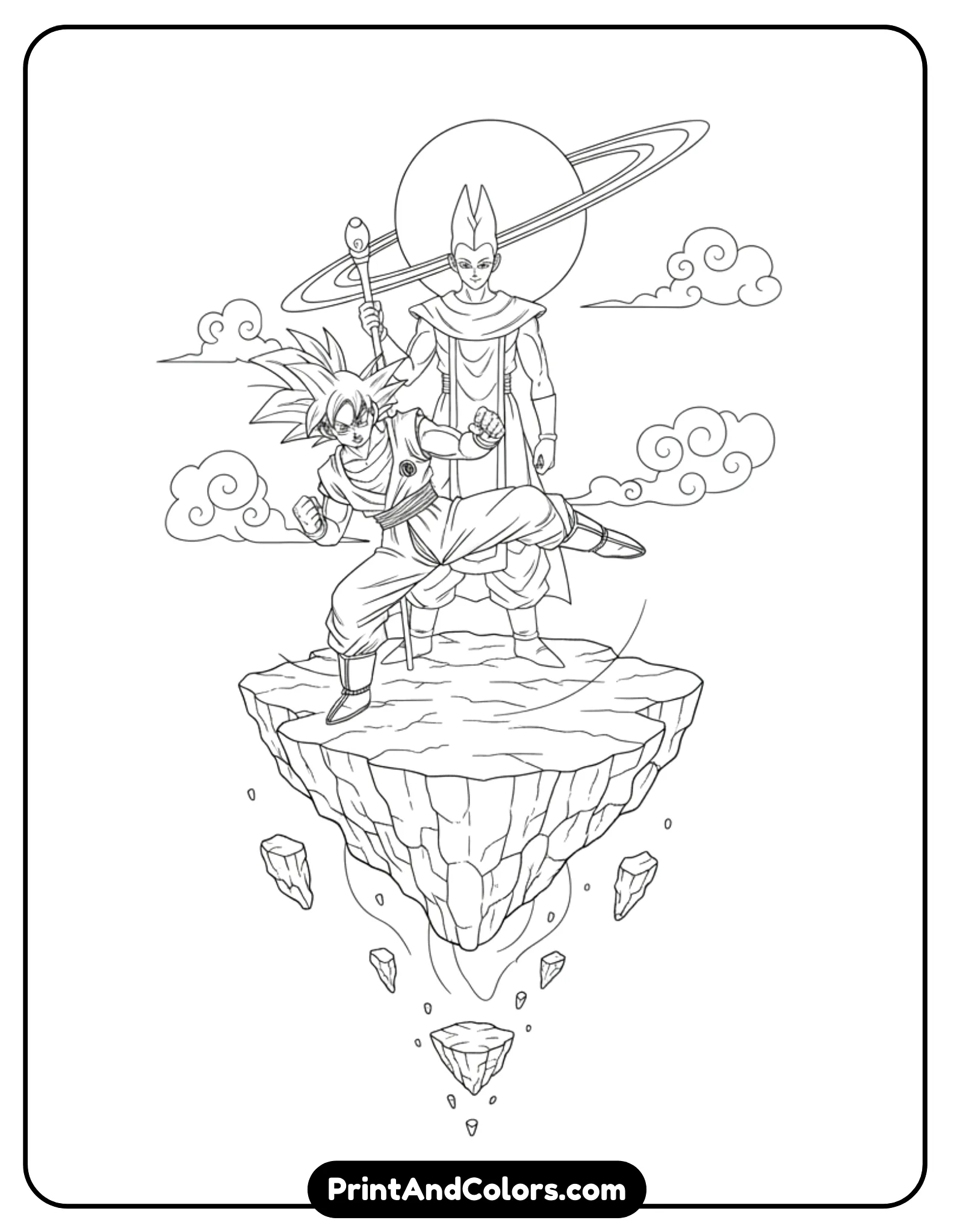 Draw Goku training with Whis on Beerus’ planet. Whis stands calmly observing while Goku practices martial arts. Simple planet elements and floating terrain. Clean line art, no shading.