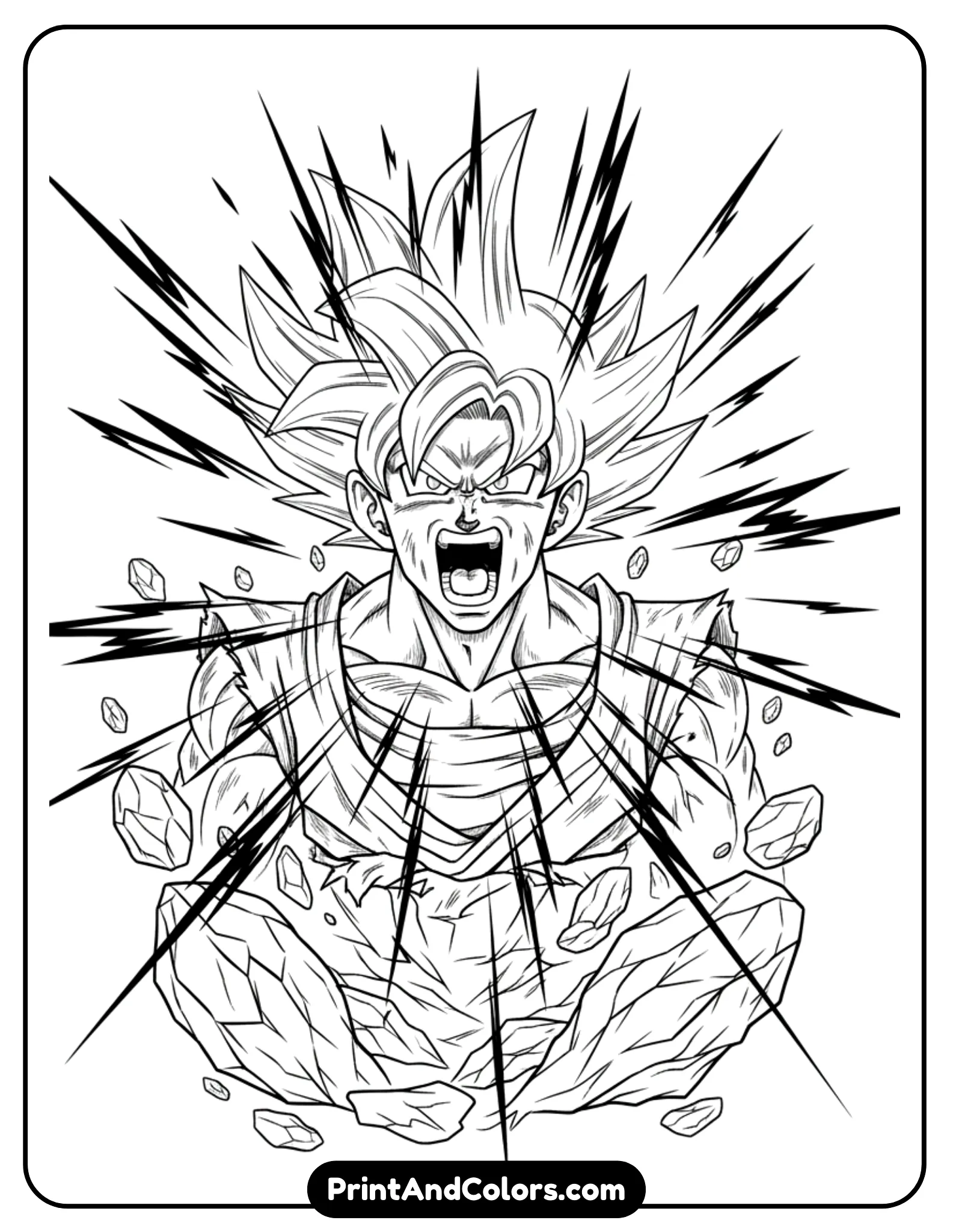 Create an intense transformation scene where Goku screams as energy bursts outward. Hair rising sharply, rocks lifting around him, energy lines exploding from the center. Bold black outlines, dramatic composition, no shading or color.