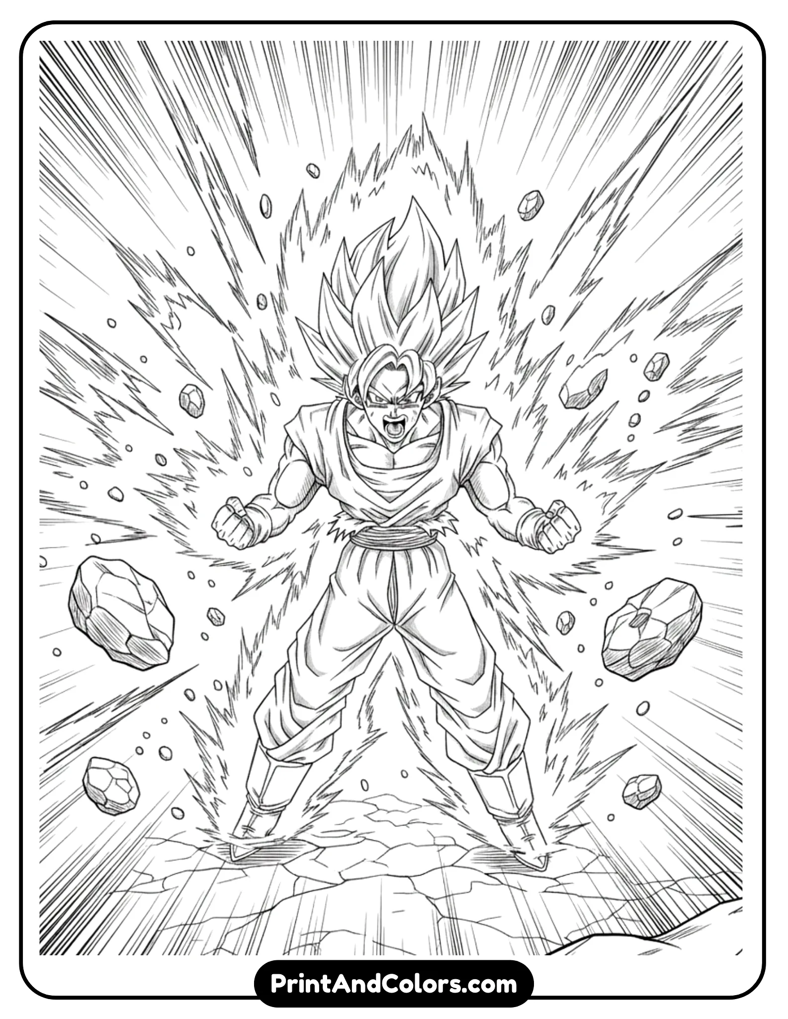Create a powerful transformation scene of Goku’s first Super Saiyan moment on Namek. Hair rising dramatically, intense facial expression, energy bursting outward. Rocks float around him. Bold black outlines, dramatic composition, no shading.