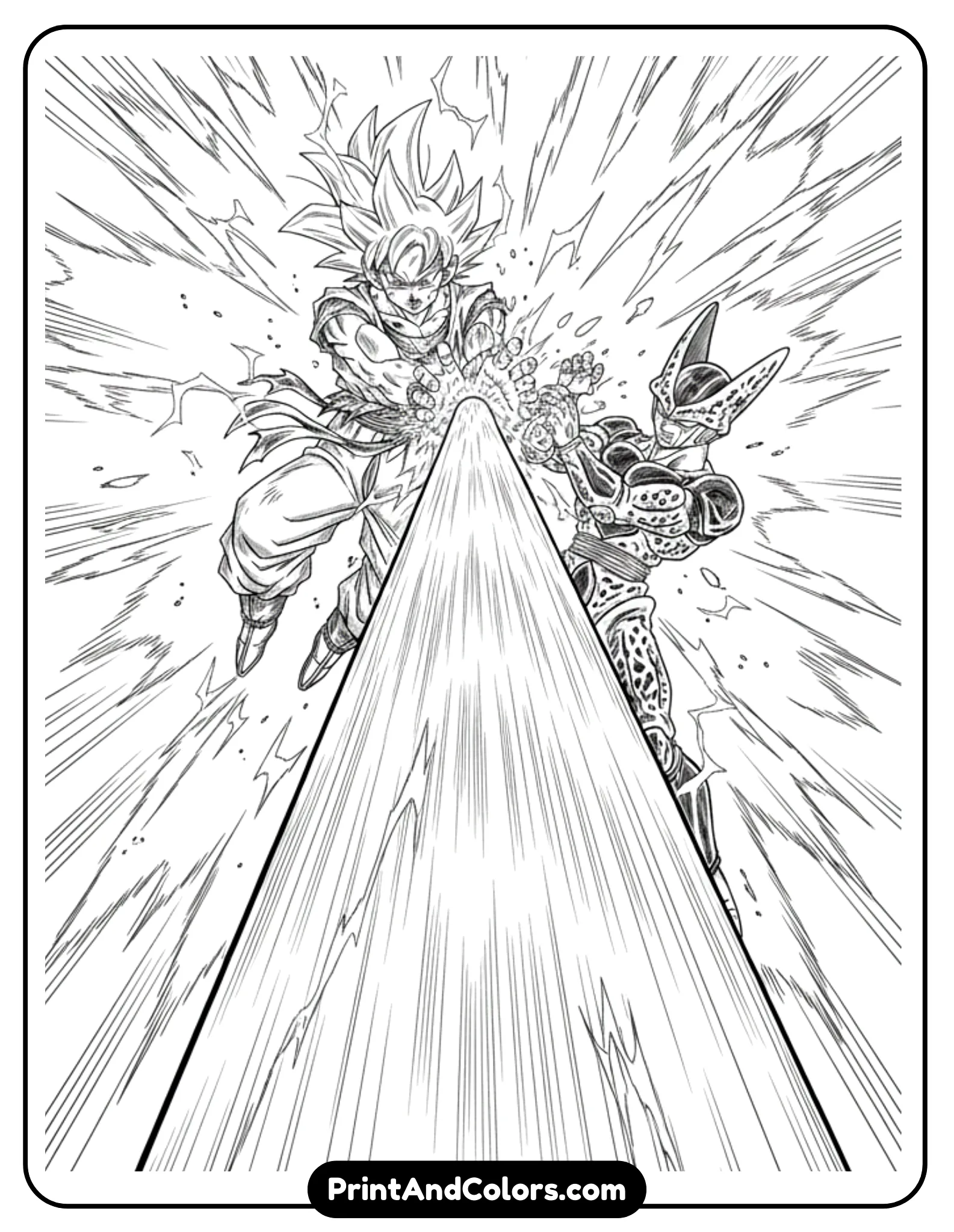 Draw Goku mid-action using Instant Transmission Kamehameha, appearing suddenly with hands forward blasting energy at Cell. Use strong motion lines to show teleportation and beam force. Bold black outlines, dynamic composition, no shading or color.