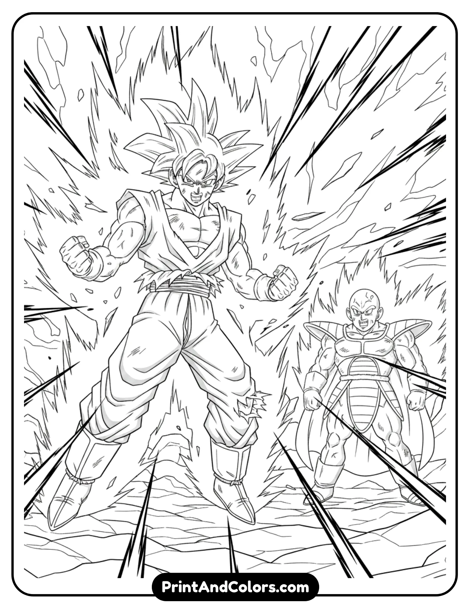 Illustrate Goku activating Kaioken with explosive energy lines around his body while facing Nappa. His pose is aggressive and powerful. Strong action lines, bold black outlines, no shading.