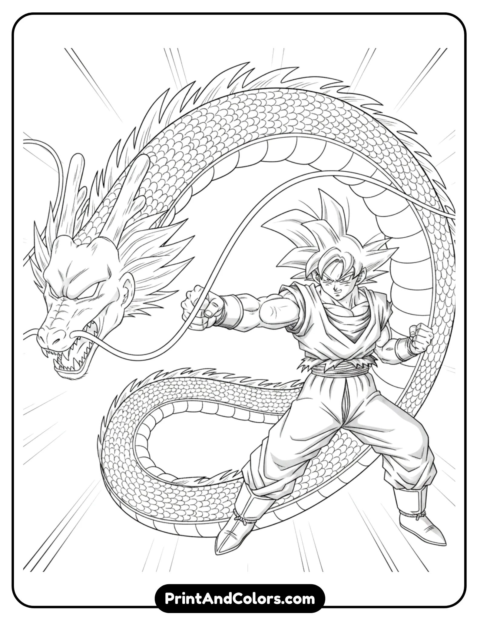 Draw Goku launching the Dragon Fist attack, with a dragon-shaped energy form bursting forward from his punch. The dragon is outlined with flowing curves and scales. Black and white line art only.