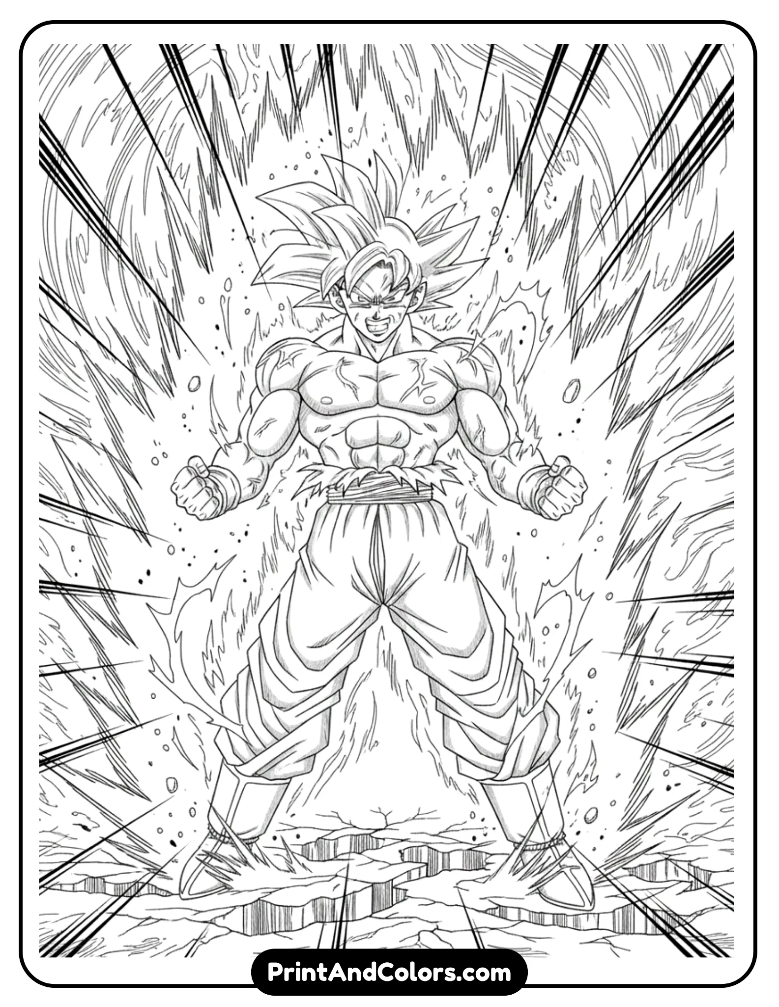 Create a dramatic Kaioken scene where Goku is surrounded by explosive energy waves and sharp motion lines. His muscles are tense, expression fierce, and ground cracks beneath him. Clean black outlines, no shading.