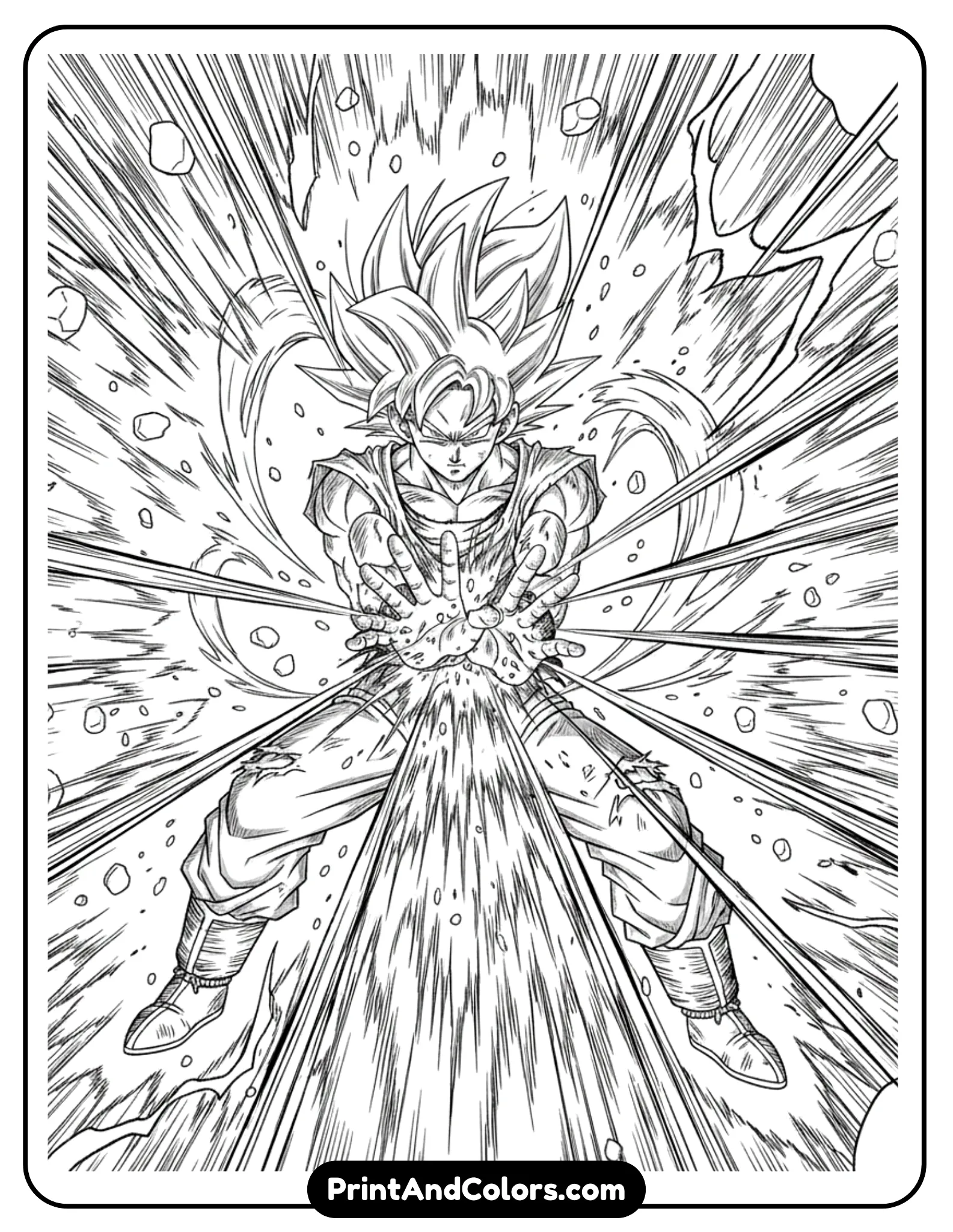 Draw Goku charging and releasing a full-power Kamehameha with both hands forward. The energy beam is large with swirling motion lines and strong impact effects. Goku’s stance is wide and powerful. Black and white line art only.