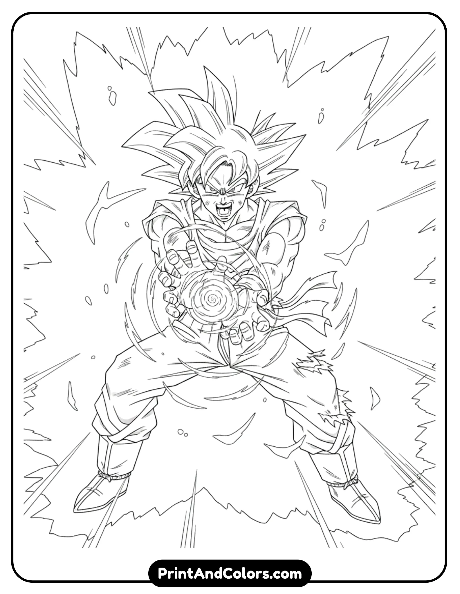 Illustrate Goku performing the Kamehameha attack with both hands thrust forward, energy beam forming between his palms. His face shows fierce determination, clothing flowing from the force of the blast. The energy wave should be outlined using swirling motion lines and circular effects. Black and white line art only, bold contours, no fills, perfect for coloring sheets.