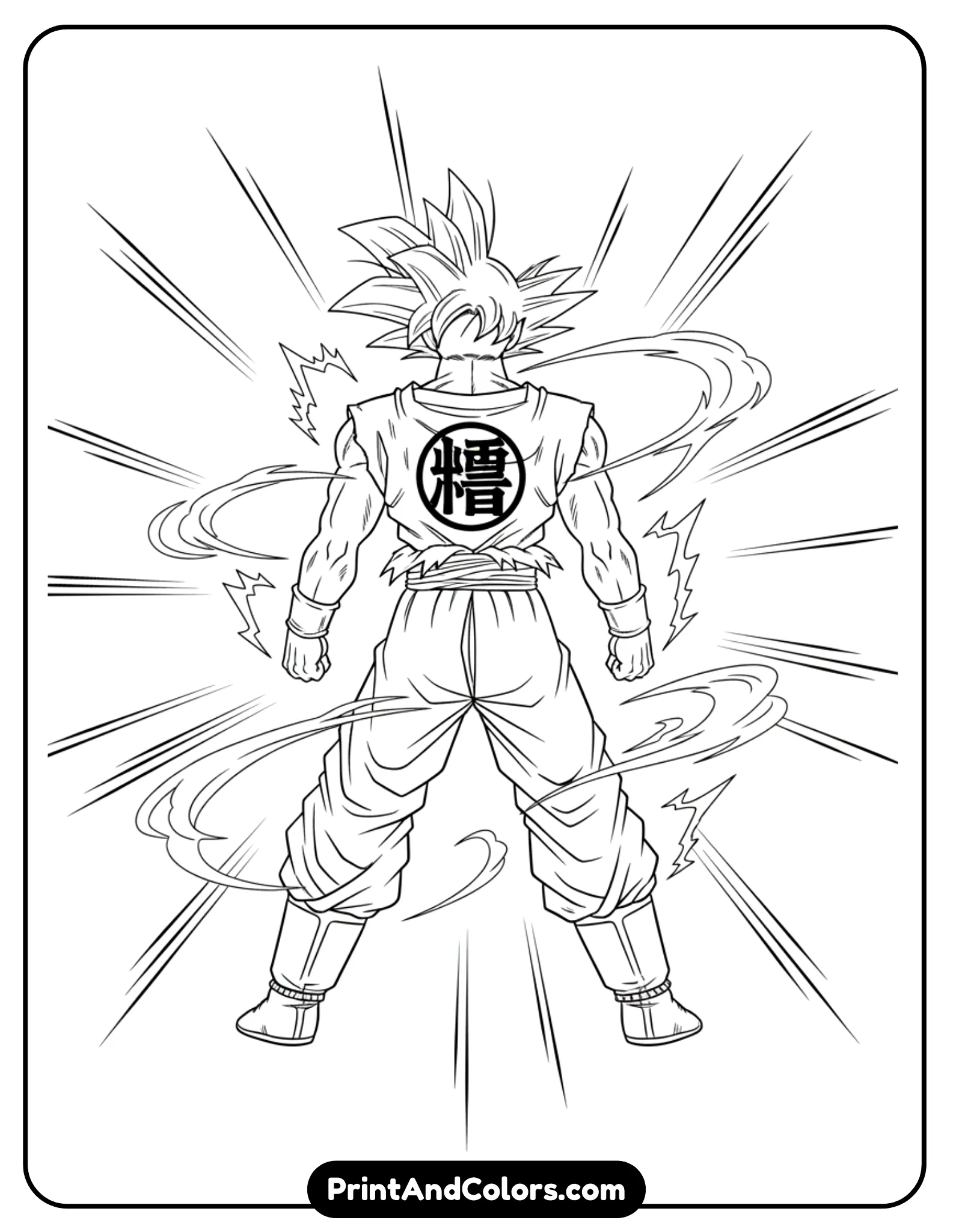 Illustrate Goku standing in a powerful stance with the Dragon Crest symbol visible on his outfit. Wind and energy lines enhance the symbolic feel. Clean black outlines, no shading.