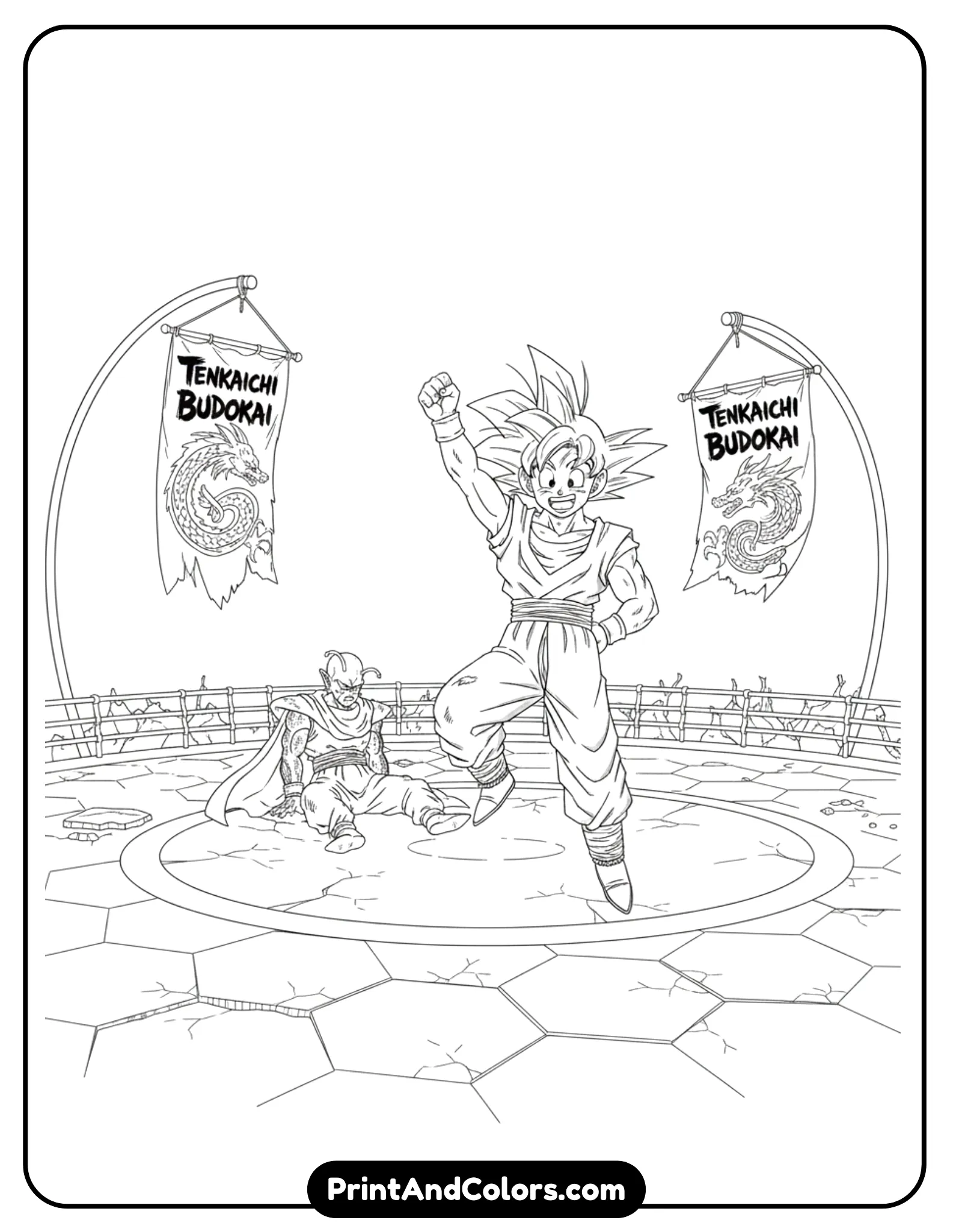 Illustrate Goku standing victorious in the World Martial Arts Tournament arena. He raises one arm confidently while Piccolo Jr stands defeated in the background. Include tournament ring details like tiles and banners using simple outlines. Black and white line art only, clear character focus, printable coloring style.