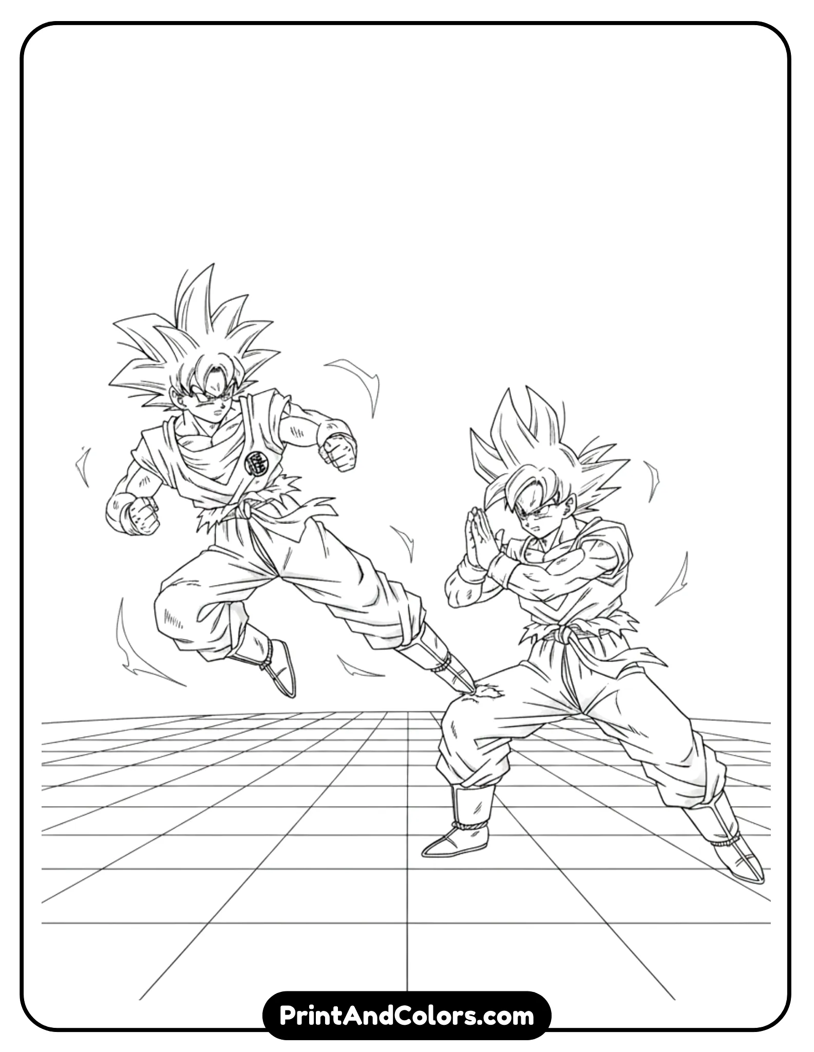 Illustrate Goku and Gohan practicing martial arts moves together in the Hyperbolic Time Chamber. The background is simple with tiled floor and open space. Both characters appear focused and determined. Clean black line art only.