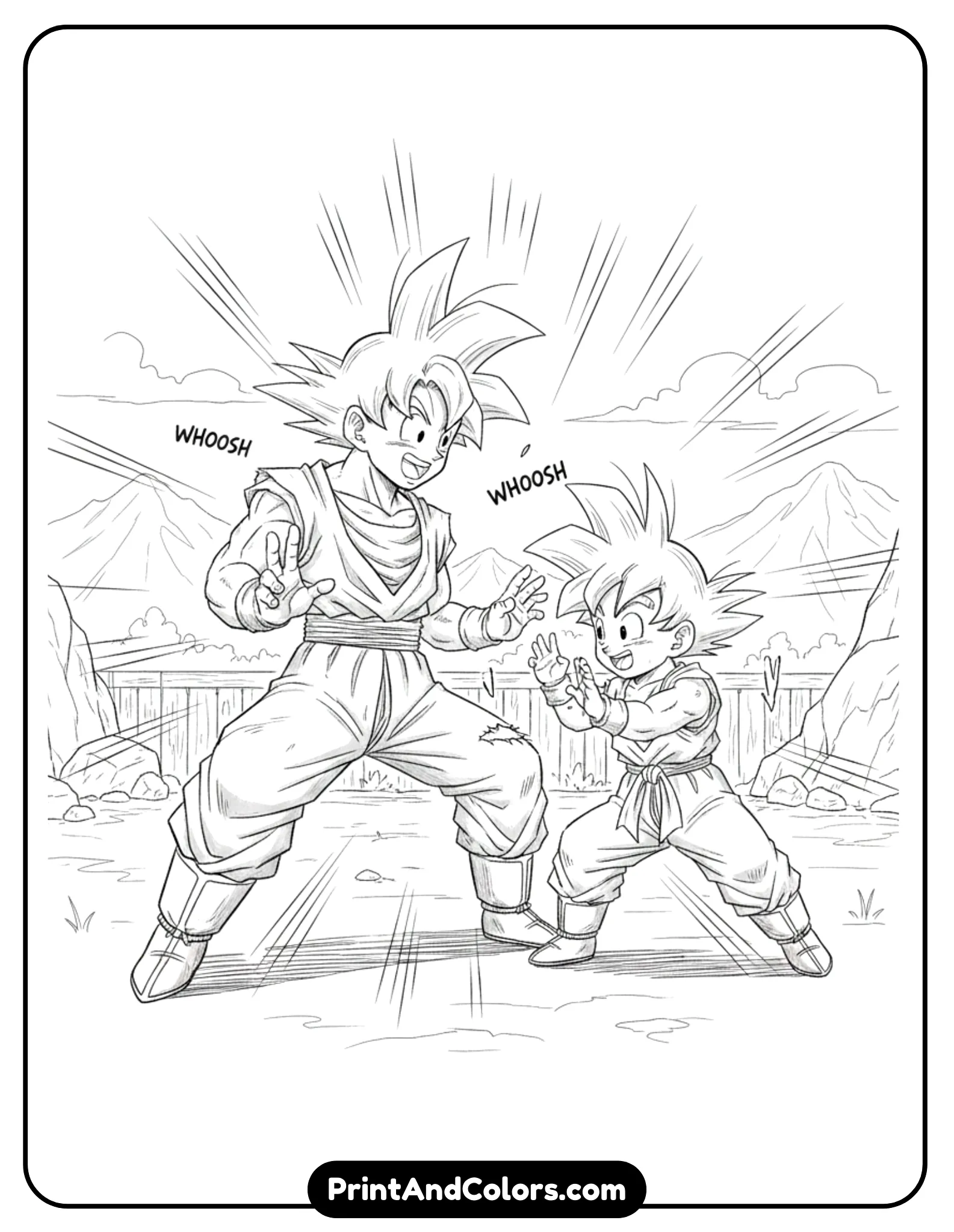 Draw Goku and Goten sparring playfully during training. Both characters smile while maintaining fighting stances. Simple training ground background. Black and white line art with friendly action energy.