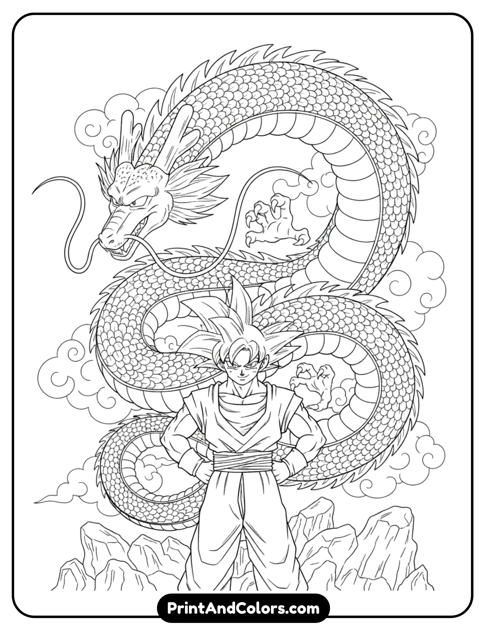 Create a mythical scene showing Goku standing confidently while Shenron coils majestically behind him. The dragon’s scales are outlined with clean detail. Use bold outlines, no shading, fantasy-style composition perfect for coloring.