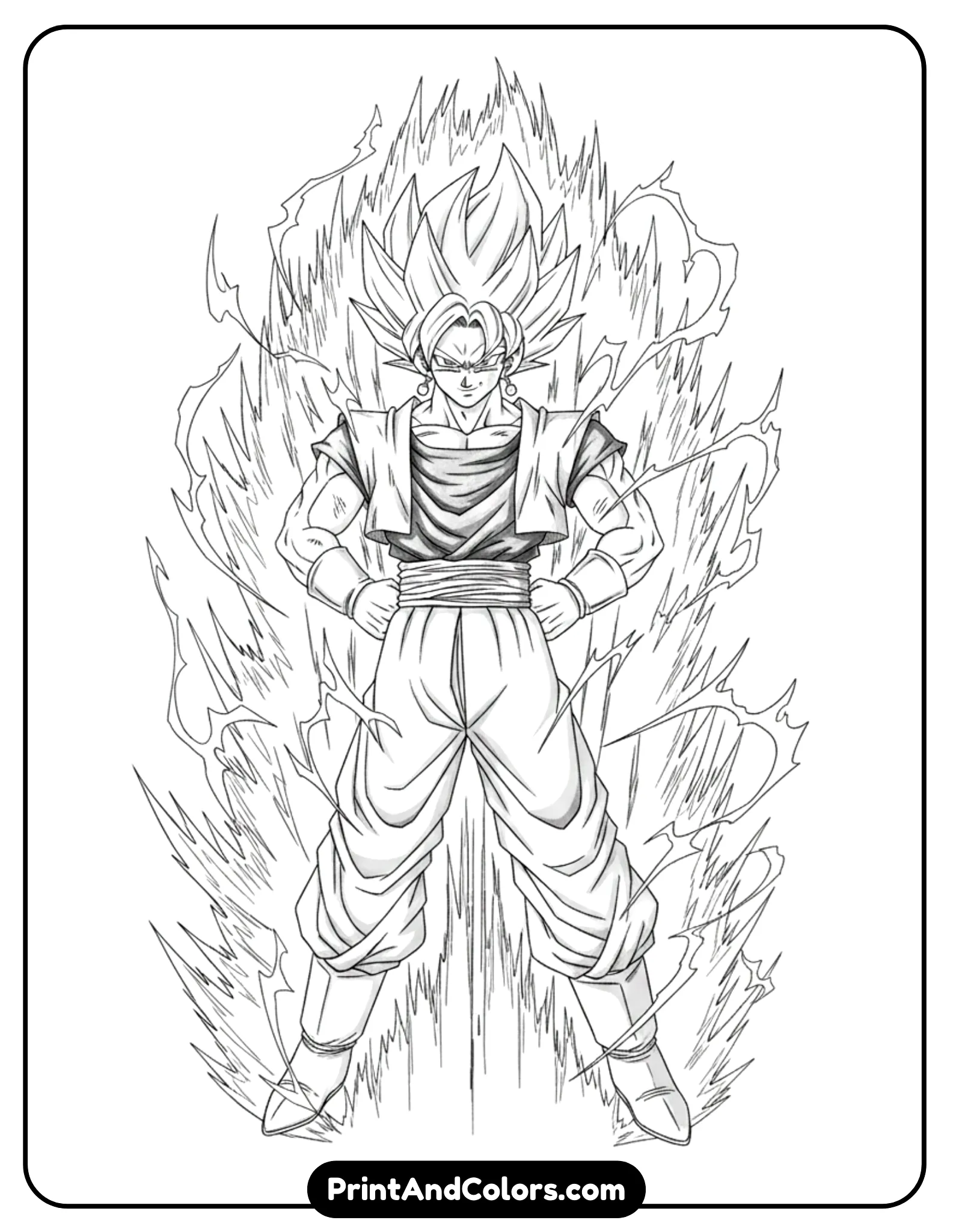 Illustrate Vegito standing confidently after fusion, wearing fusion outfit with Potara earrings visible. Powerful energy aura surrounds him with flowing lines. Clean black and white line art, heroic pose.