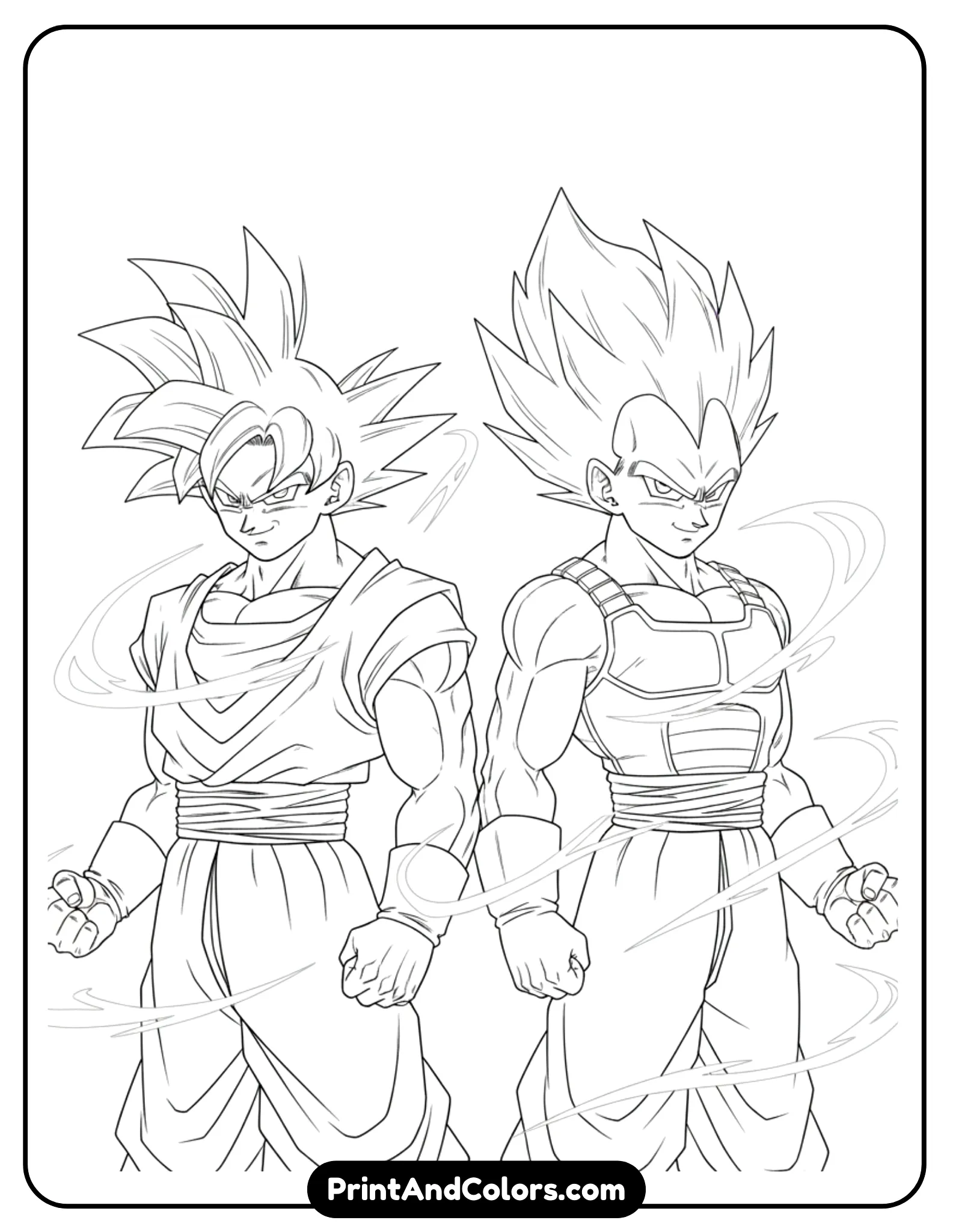 Illustrate Goku and Vegeta standing back to back in combat-ready stances. Both show determined expressions. Energy lines surround them lightly. Clean black outlines, no shading.