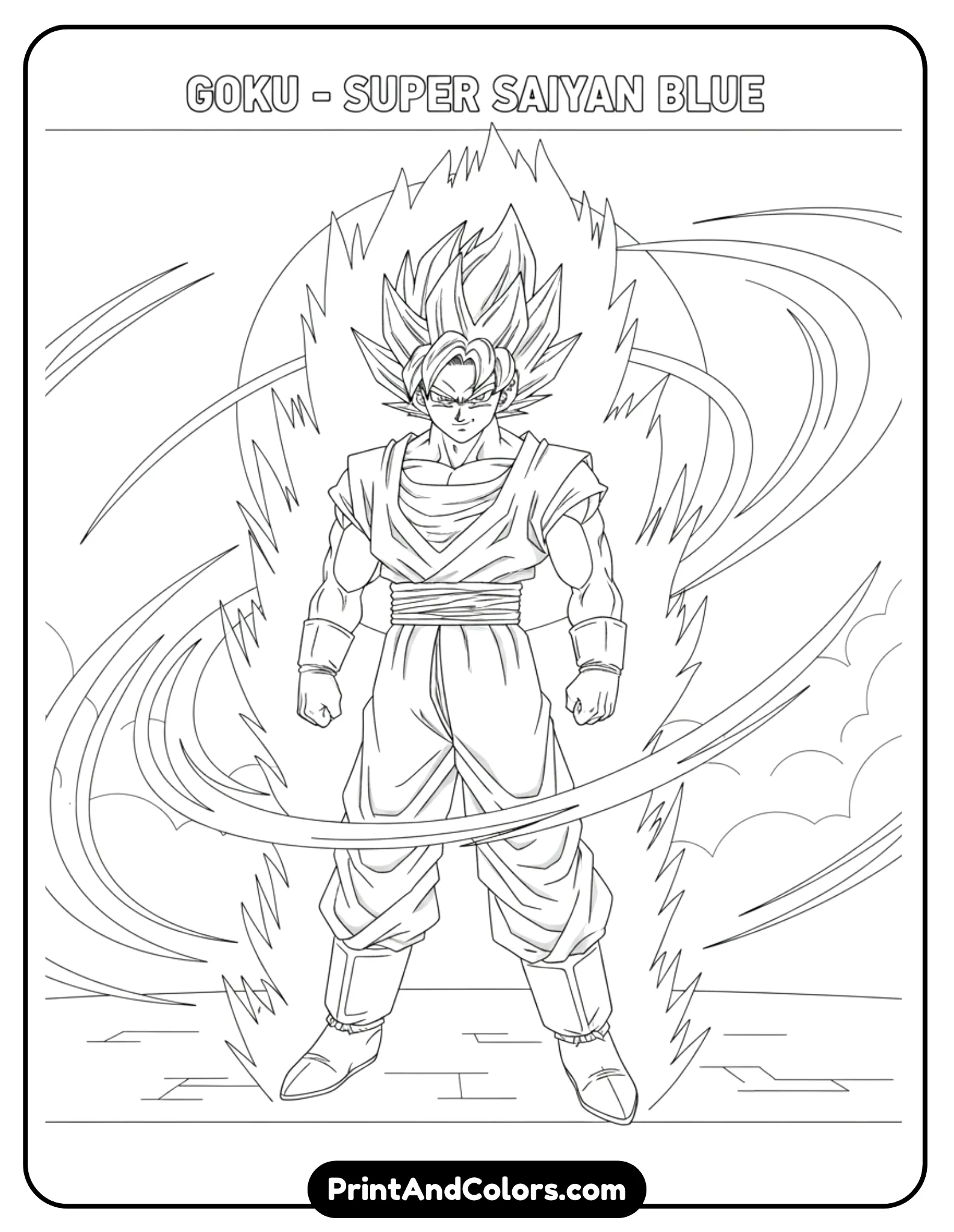 Create Goku in Super Saiyan Blue form with sharp hair shape and calm confident stance. Surround him with flowing aura lines and gentle energy waves. The artwork must be clean black outlines only, no gray tones, simple background, kid-friendly coloring page style.