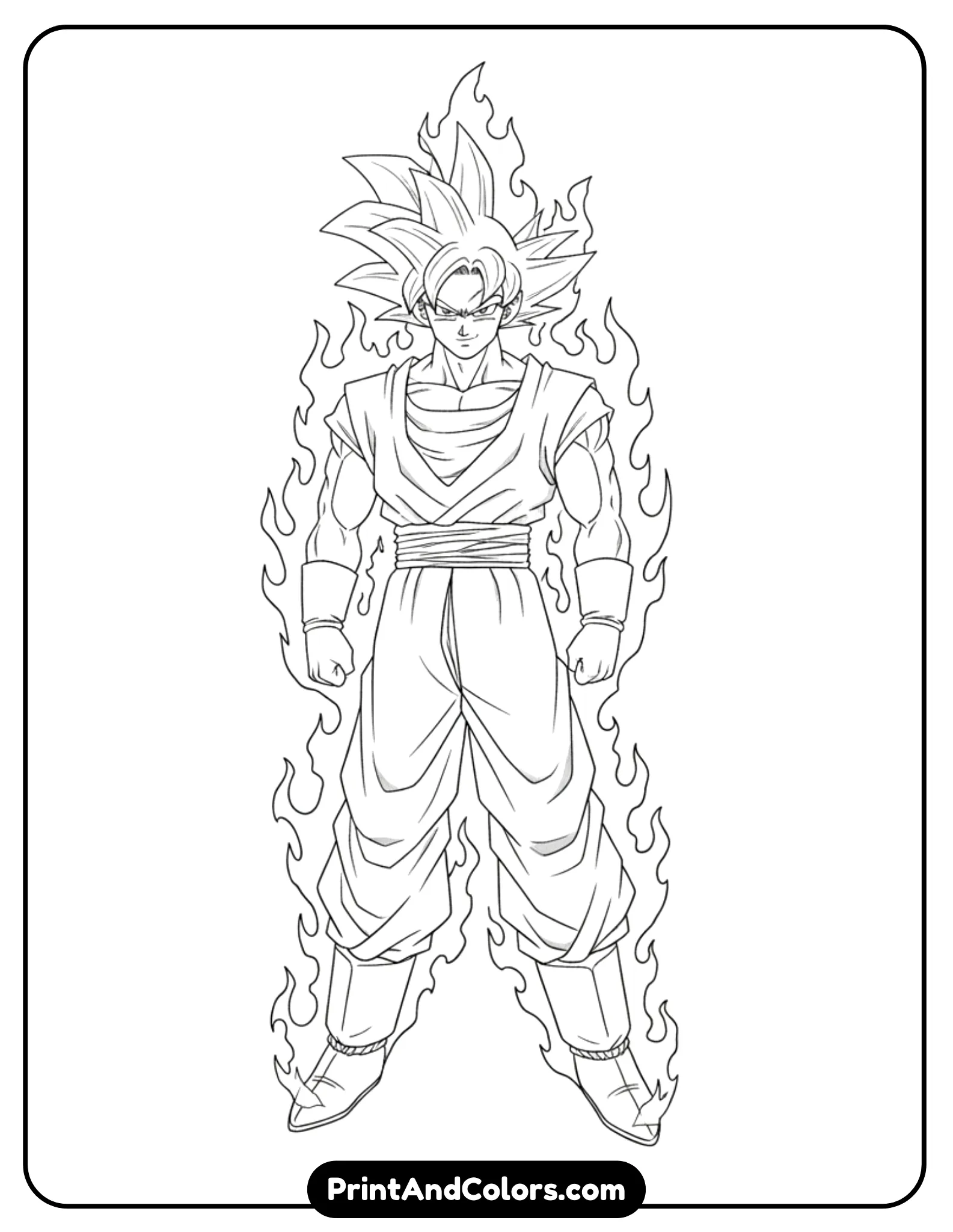 Create Super Saiyan God Goku with smooth hair shape and calm confident stance. Fiery energy waves rise around him using flame-like outlines. Black and white line art only, simple background.