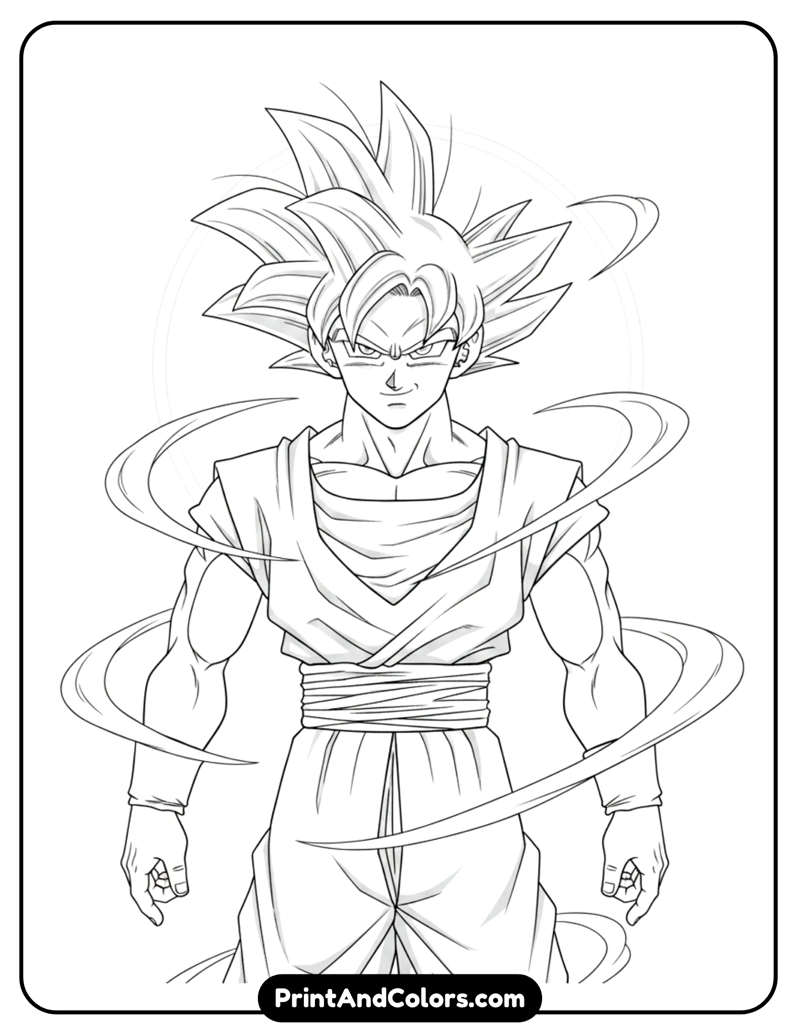 Create a black and white line art image of Goku in Ultra Instinct form, standing calmly with relaxed posture. His expression is peaceful yet focused, hair slightly lifted by invisible energy. Flowing energy lines surround him softly instead of explosive effects. Clean anime outlines, minimal background, no shading or color, designed for detailed coloring.