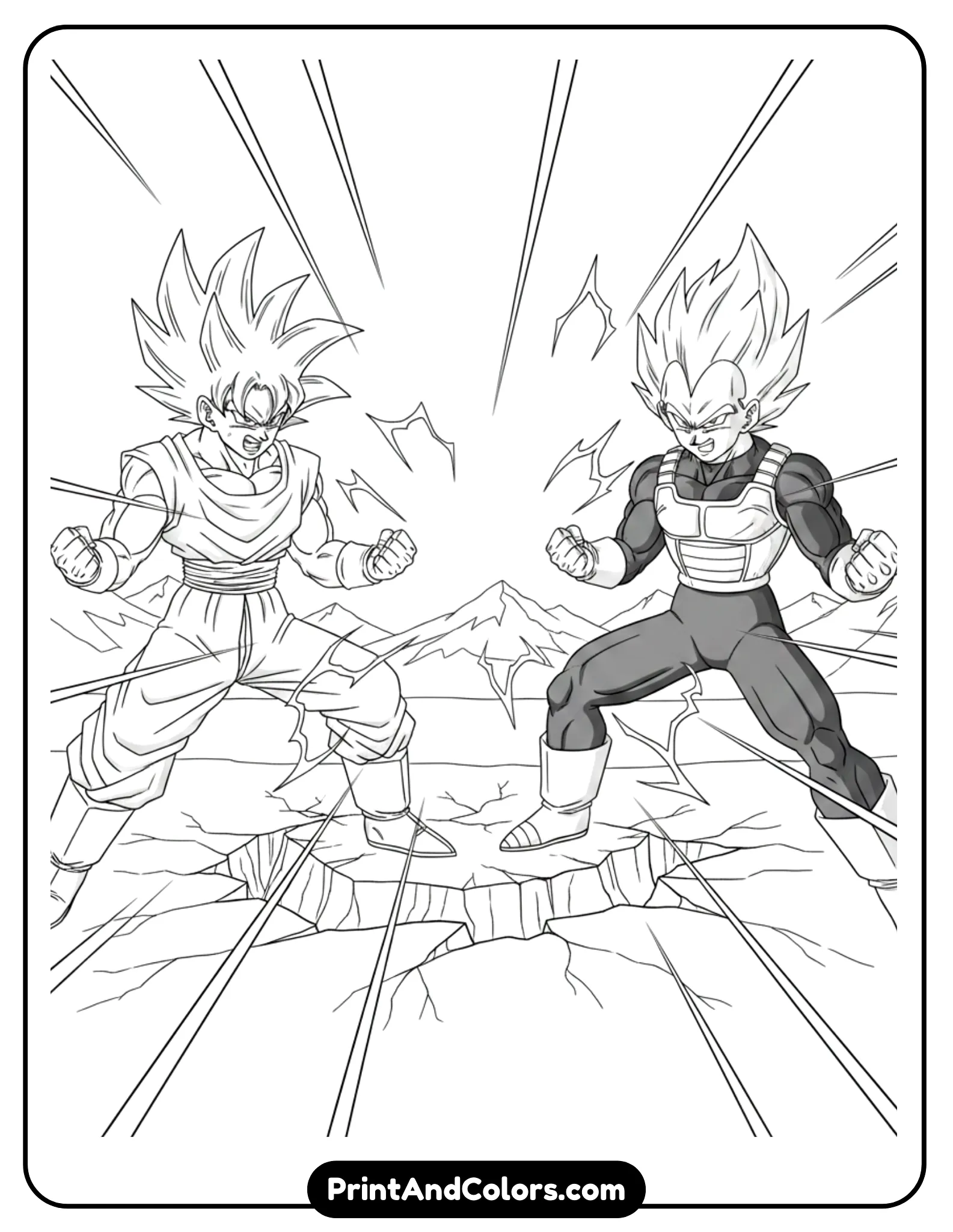 Draw Goku and Vegeta facing each other in their first legendary Earth battle. Both are in fighting stances with intense expressions. Add cracked ground and energy lines for impact. Clean black outlines, no shading.