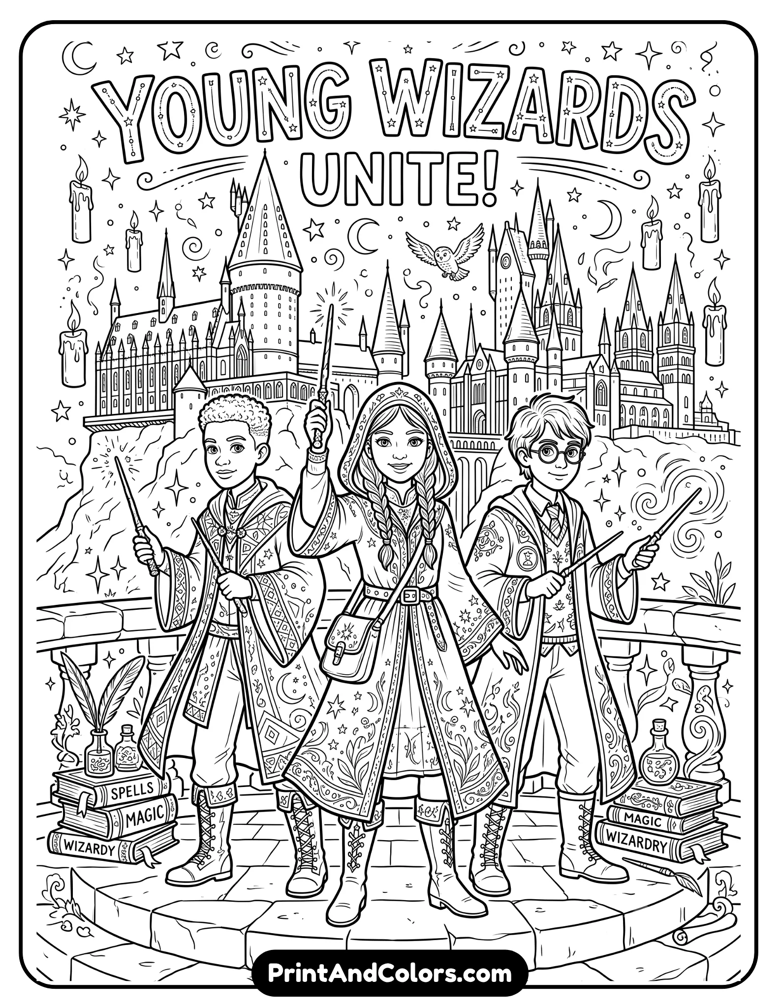 Detailed black and white coloring page featuring three young wizards standing heroically together holding wands. Include magical castle background, floating candles, spell books, stars, and fantasy decorative elements. Clean printable line art with balanced composition and detailed clothing patterns