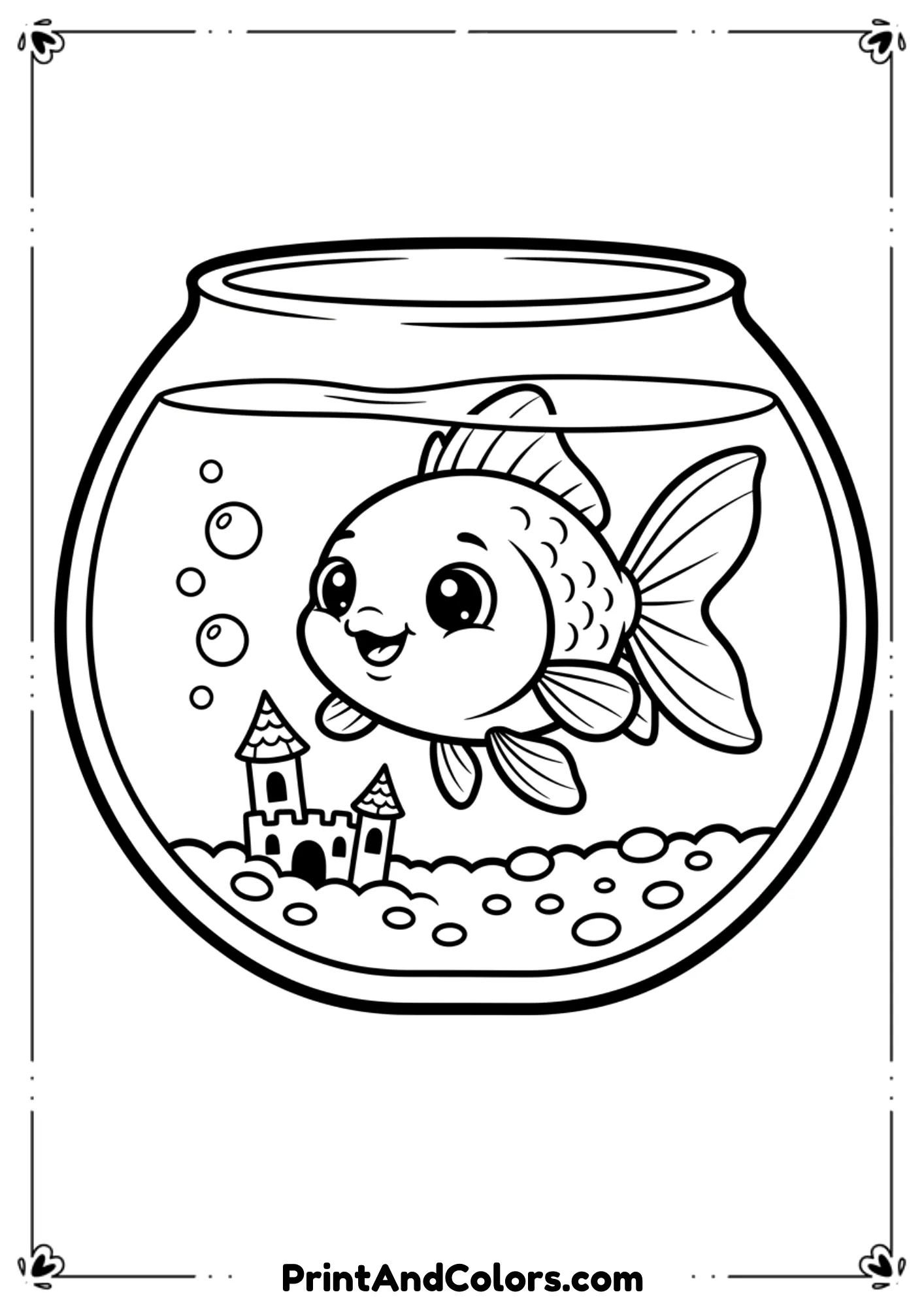 Goldfish swimming in a bowl with a tiny castle decoration, gravel, and bubbles. Rounded bold outlines, cute art style.