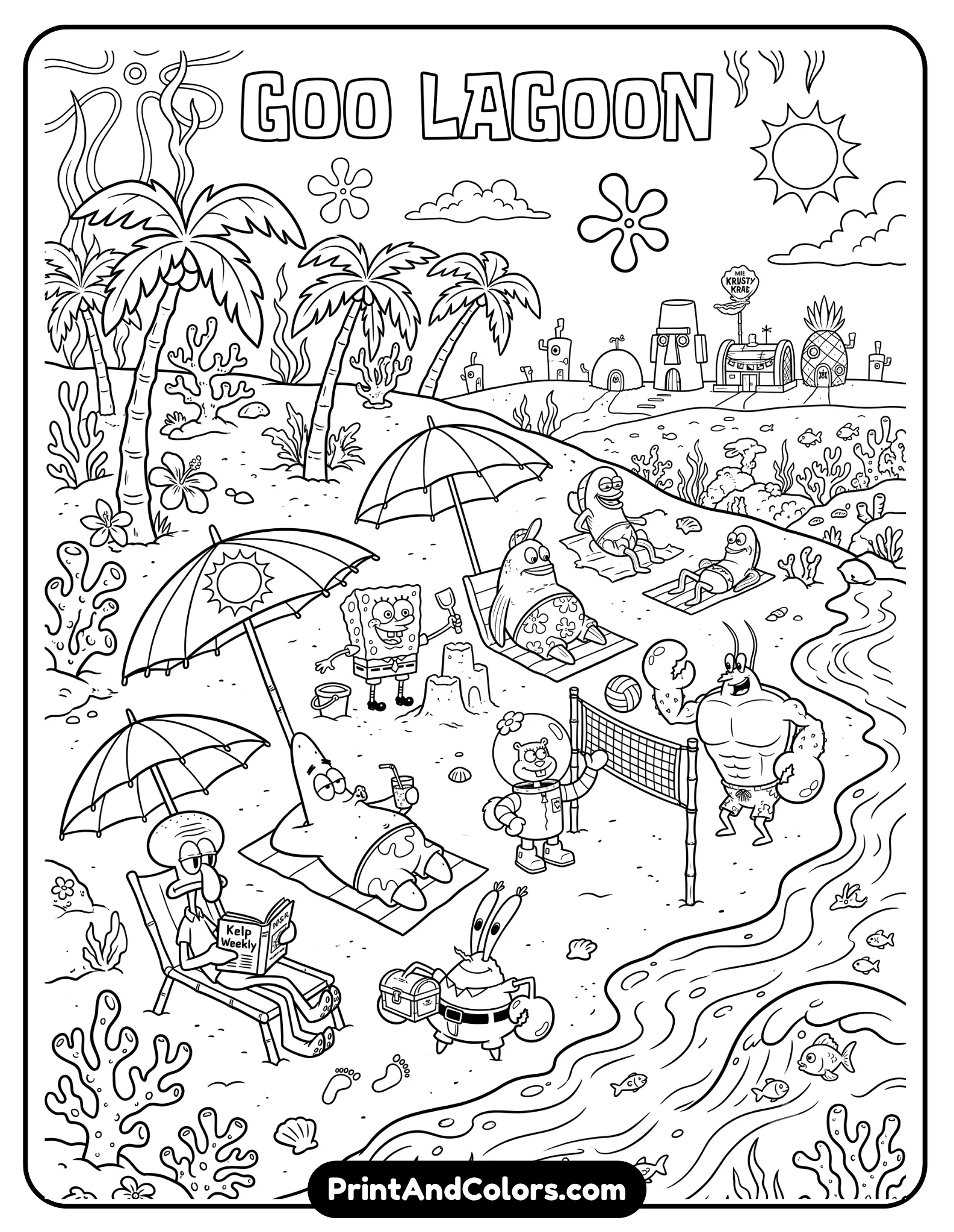 Black and white line art coloring page of Goo Lagoon beach with sandy shore, palm trees, beach umbrellas, waves, and Bikini Bottom sea creatures enjoying the beach, cartoon underwater-beach hybrid style, clean bold outlines, printable relaxing scene for coloring