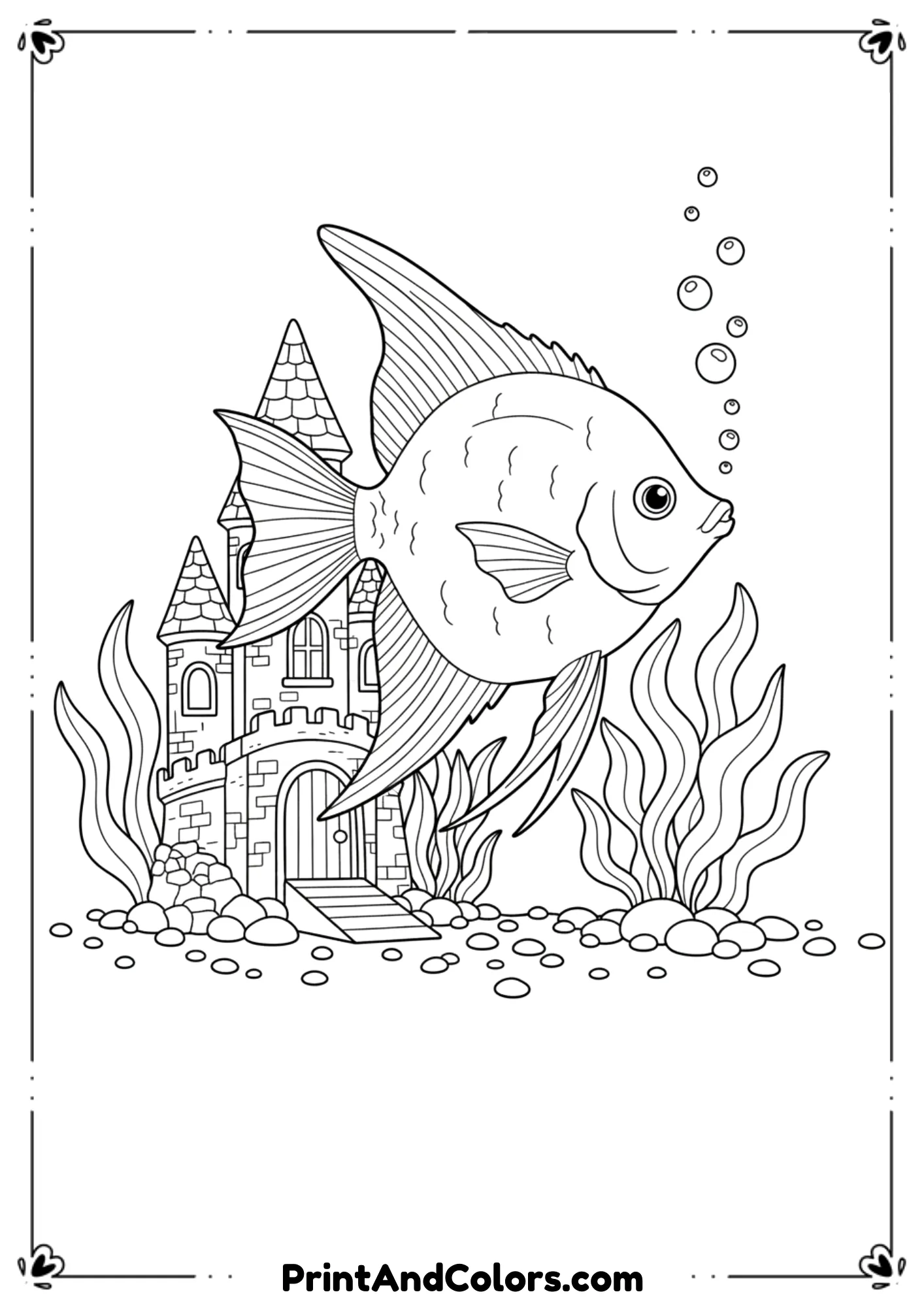 Large angelfish with flowing fins swimming near a decorative aquarium castle. Add gravel, plants, and bubbles. Smooth outlines, kid-friendly line art.