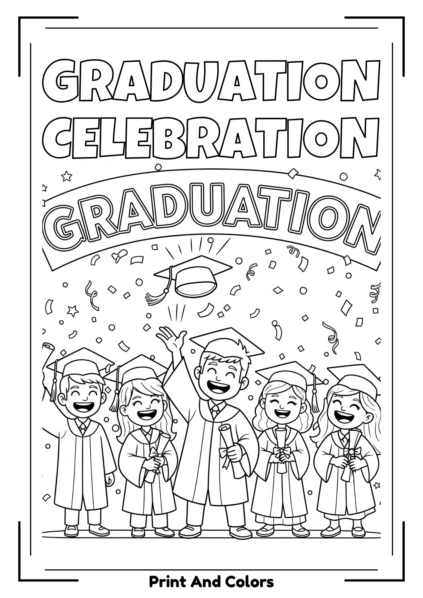 Graduation coloring page with happy graduates, diplomas, and celebration scenes