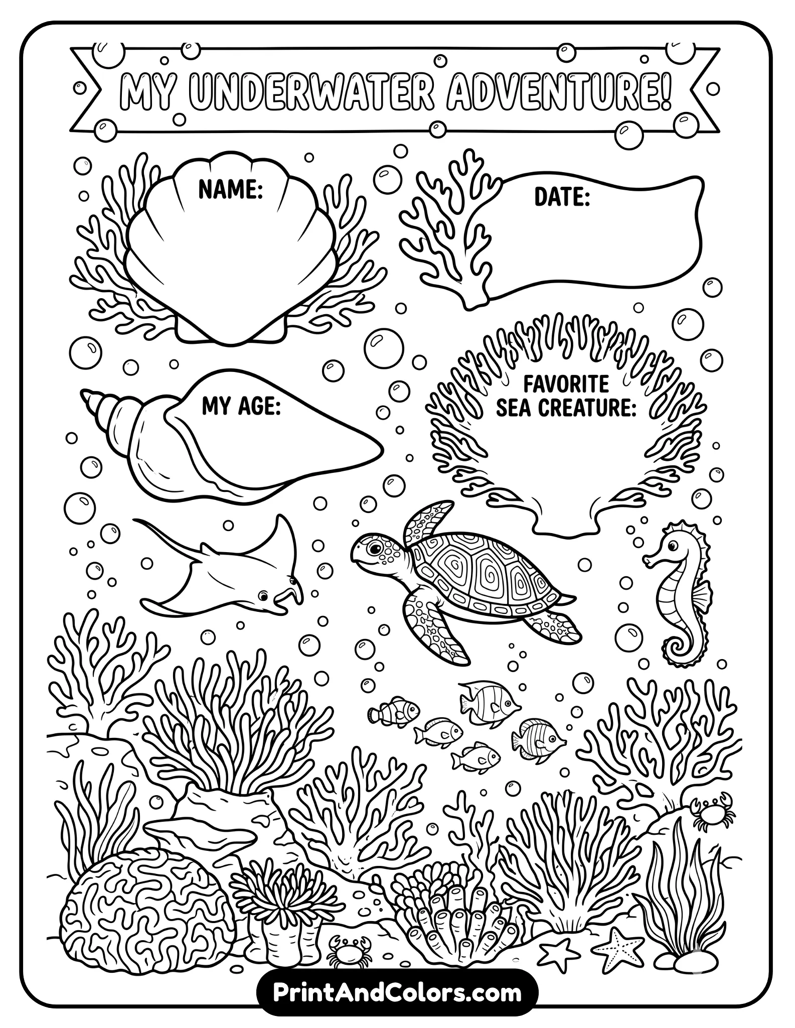 underwater black-and-white worksheet featuring coral reefs, fish, turtles, and bubbles. Include blank sections shaped like shells or coral for writing personal details. Simple outlines, no grayscale, fun marine-themed coloring page.