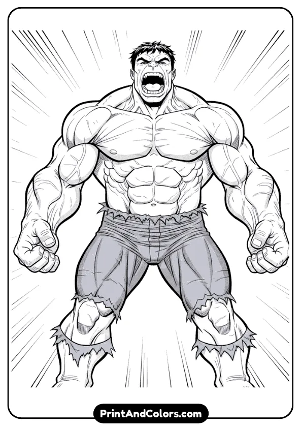 Standard Hulk pose, roaring, ripped pants, detailed muscles, clean black outlines for coloring