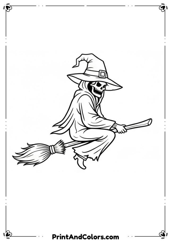 Grim Reaper holding scythe with spooky graveyard background in black-and-white line art.