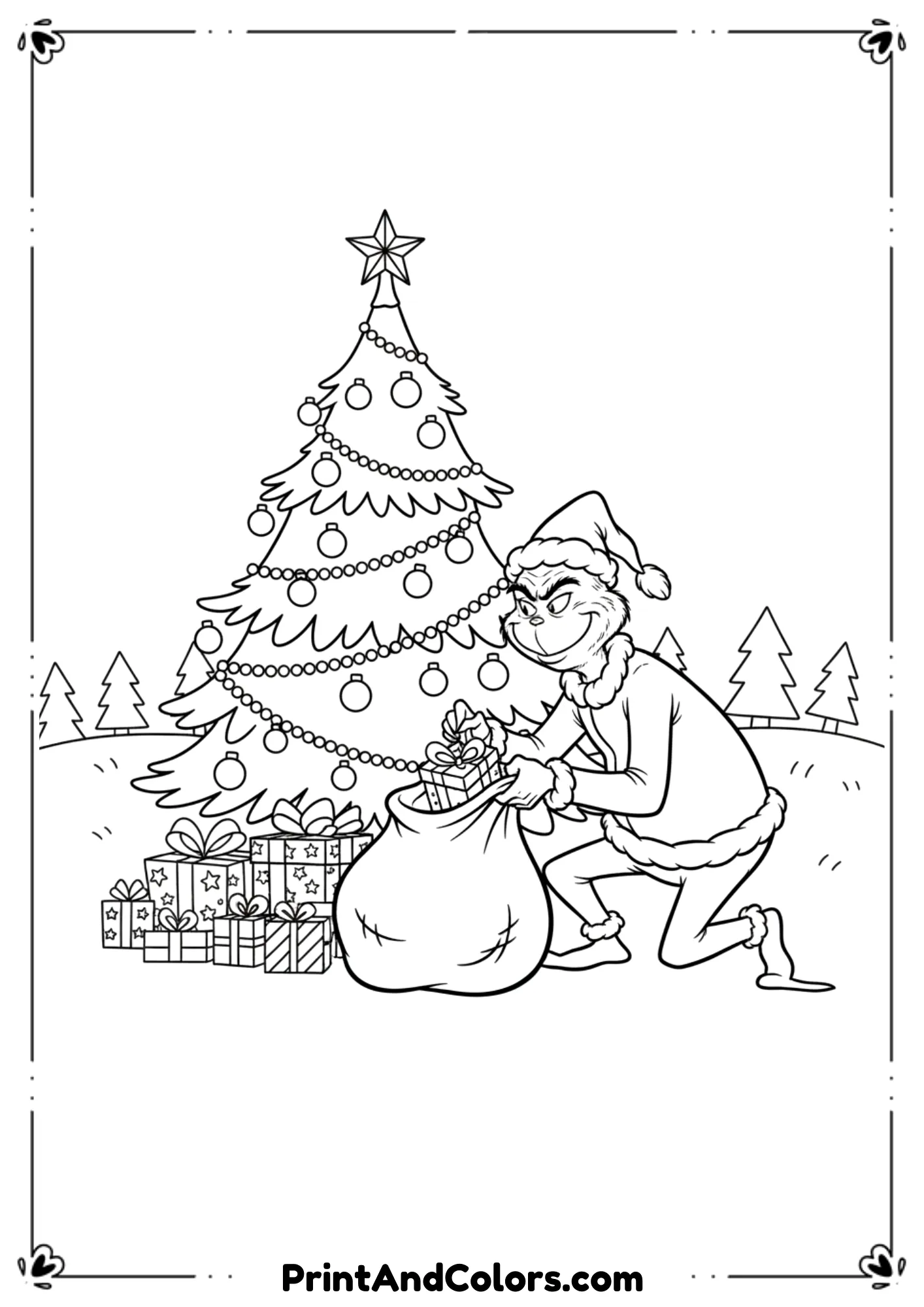  Line drawing of the Grinch stealing Christmas presents under a decorated tree.