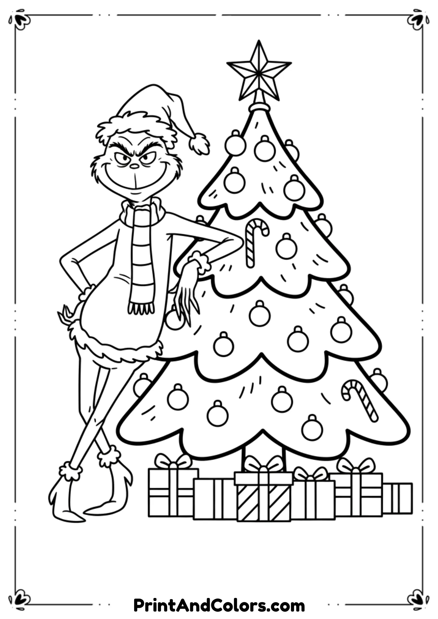  Comical character inspired by the Grinch (non-copyright, original design) standing beside or leaning on a Christmas tree, mischievous but kid-safe. Bold cartoon lines.
