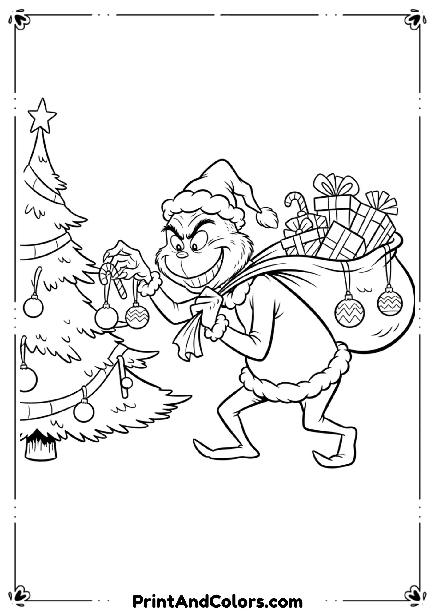 Comical mischievous character inspired by the Grinch (generic style, not copyrighted) sneaking away with presents and ornaments from the tree. Exaggerated sneaky pose, clean cartoon outlines.
