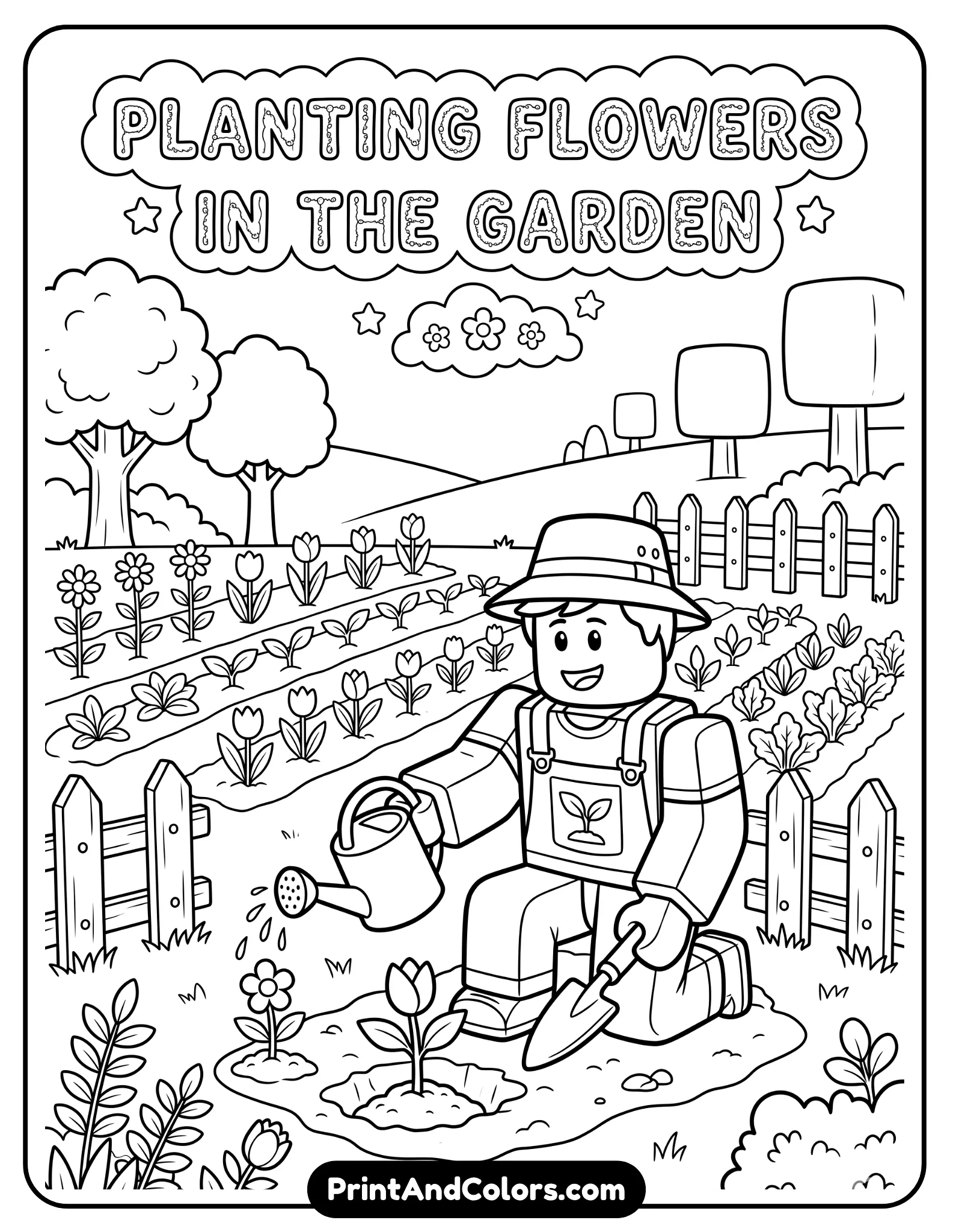 Roblox avatar planting flowers in a garden, watering can in hand, rows of plants, simple trees and fence, cheerful scene, clean line art, minimal background details