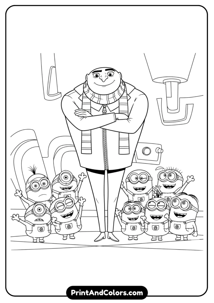 Gru standing proudly with several Minions around him, cartoon-style black-and-white drawing